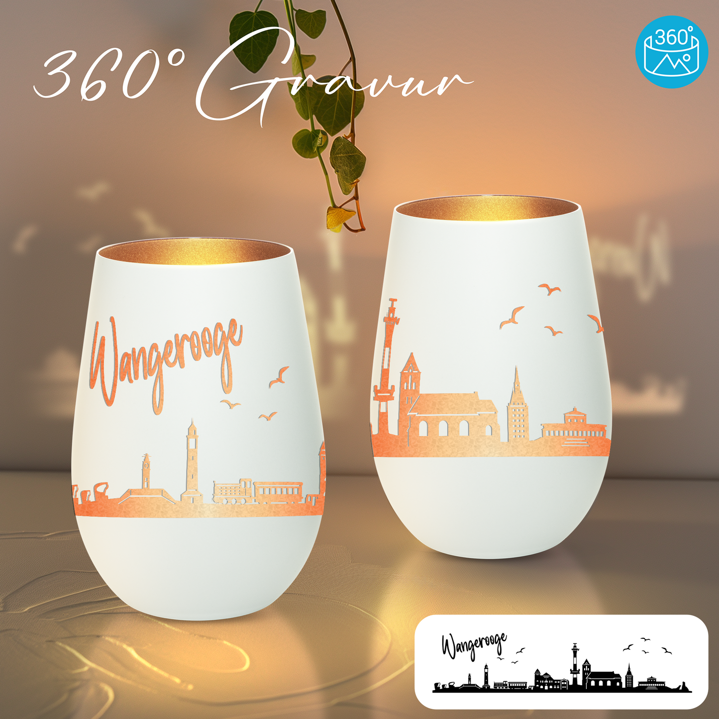 Hochwertiges Glas Windlicht mit Gravur "SKYLINE WANGEROOGE" in der Farbe Weiß/Bronze