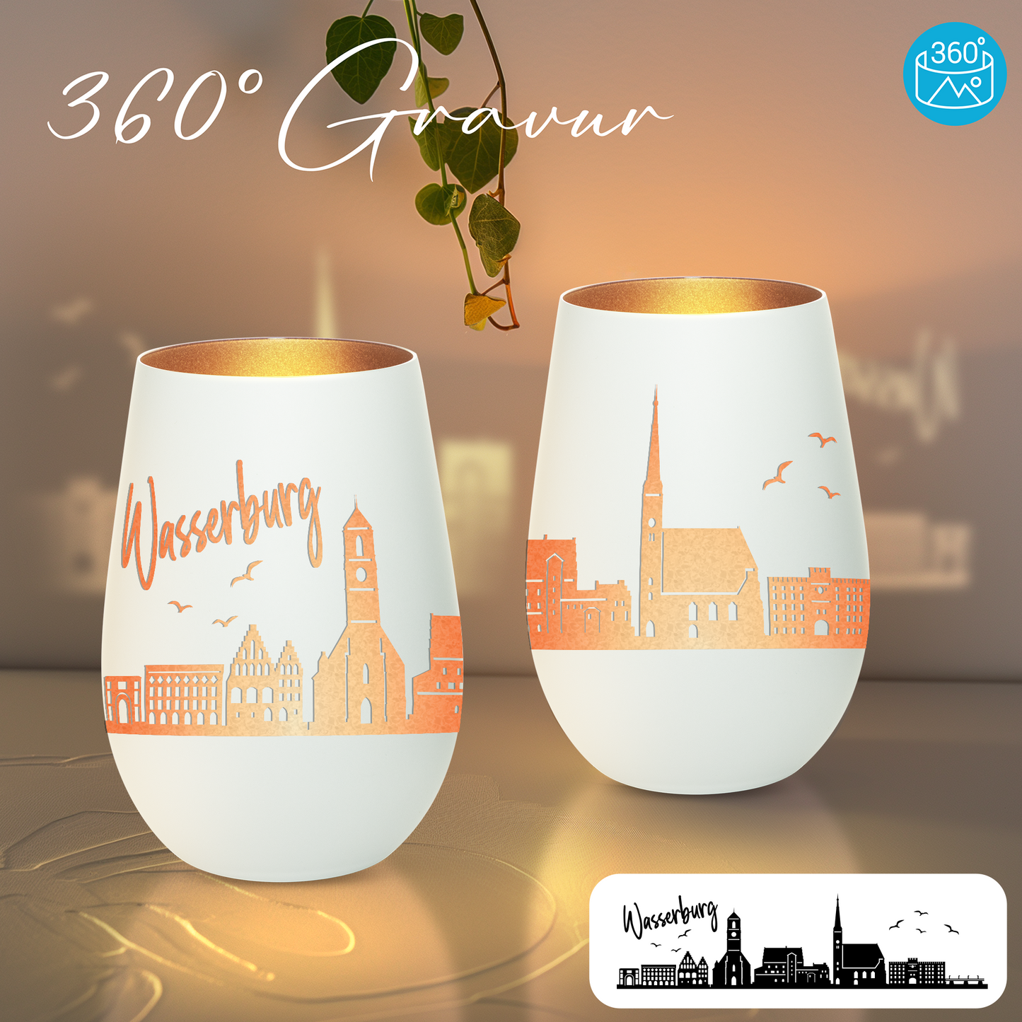 Hochwertiges Glas Windlicht mit Gravur "SKYLINE WASSERBURG" in der Farbe Weiß/Bronze