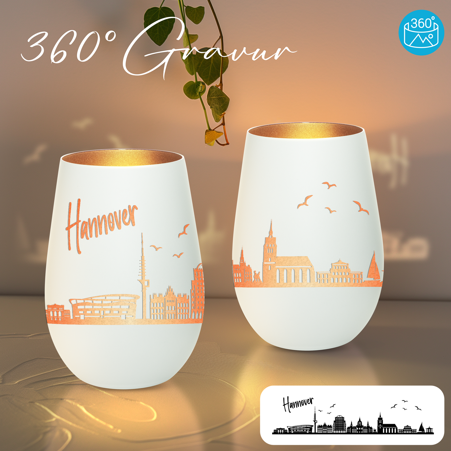Hochwertiges Glas Windlicht mit Gravur "SKYLINE HANNOVER" in der Farbe Weiß/Bronze
