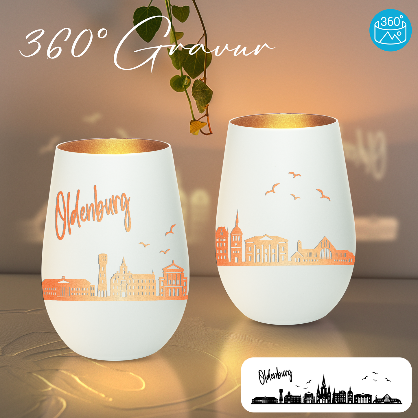 Hochwertiges Glas Windlicht mit Gravur "SKYLINE OLDENBURG" in der Farbe Weiß/Bronze