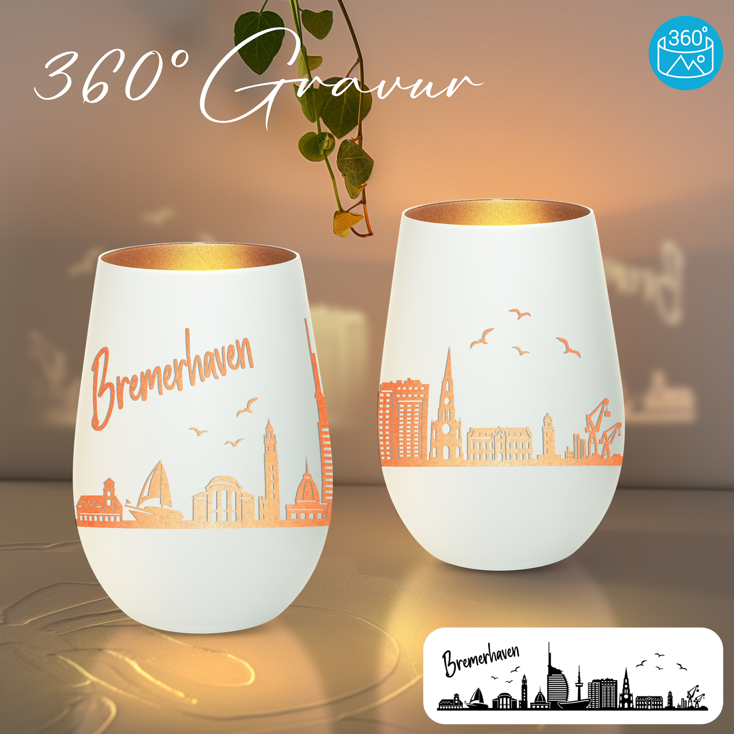 Hochwertiges Glas Windlicht mit Gravur "SKYLINE BREMERHAVEN" in der Farbe Weiß/Bronze