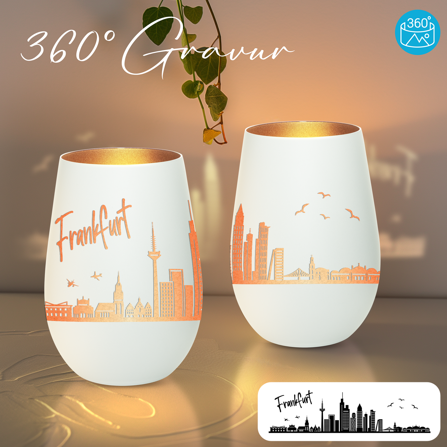 Hochwertiges Glas Windlicht mit Gravur "SKYLINE FRANKFURT" in der Farbe Weiß/Bronze