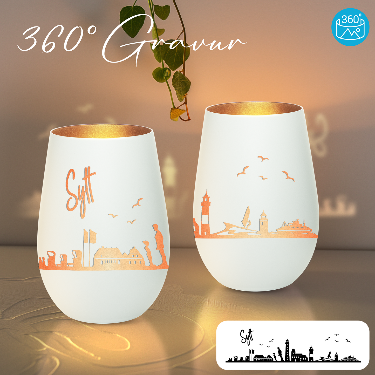 Hochwertiges Glas Windlicht mit Gravur "SKYLINE SYLT" in der Farbe Weiß/Bronze