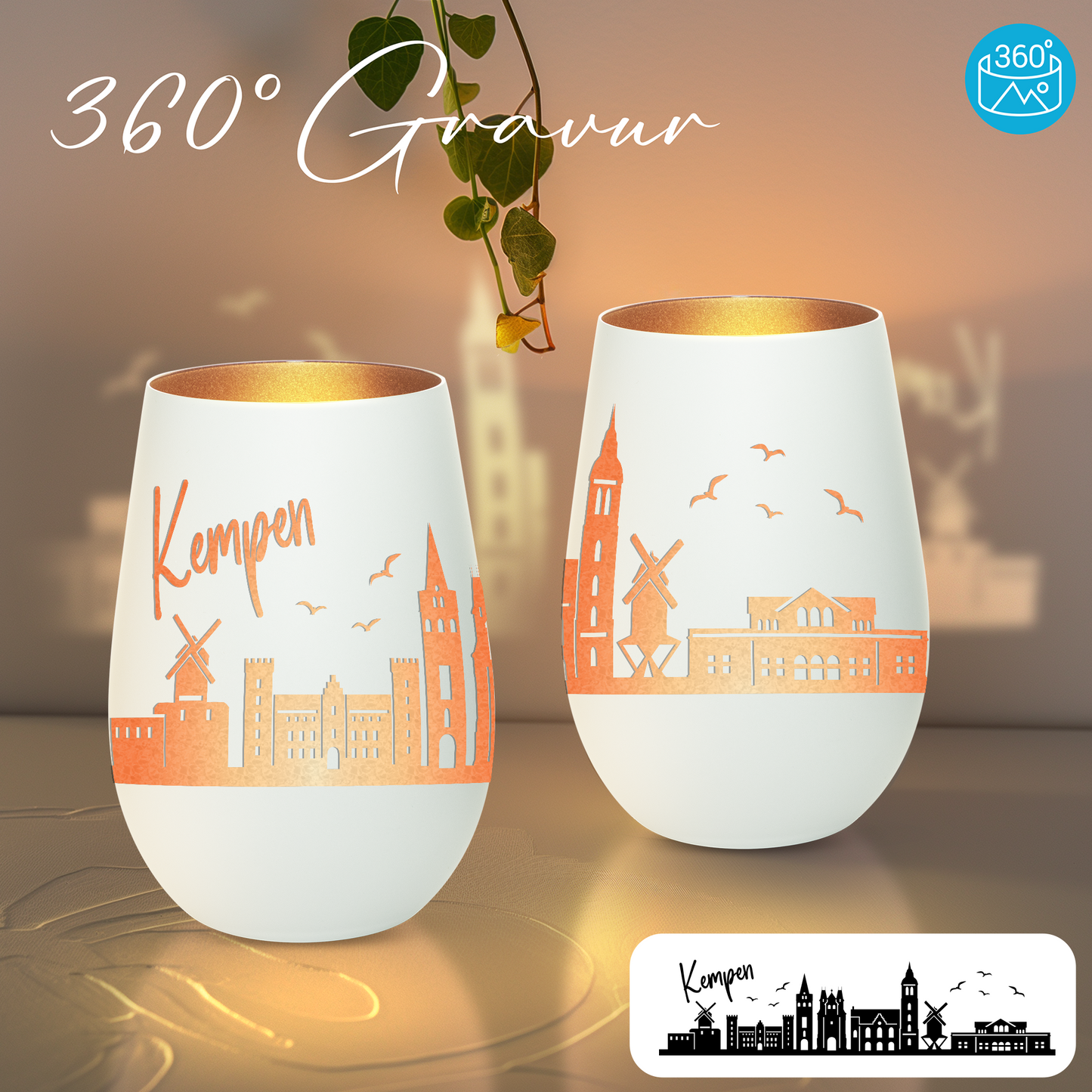 Hochwertiges Glas Windlicht mit Gravur "SKYLINE KEMPEN" in der Farbe Weiß/Bronze