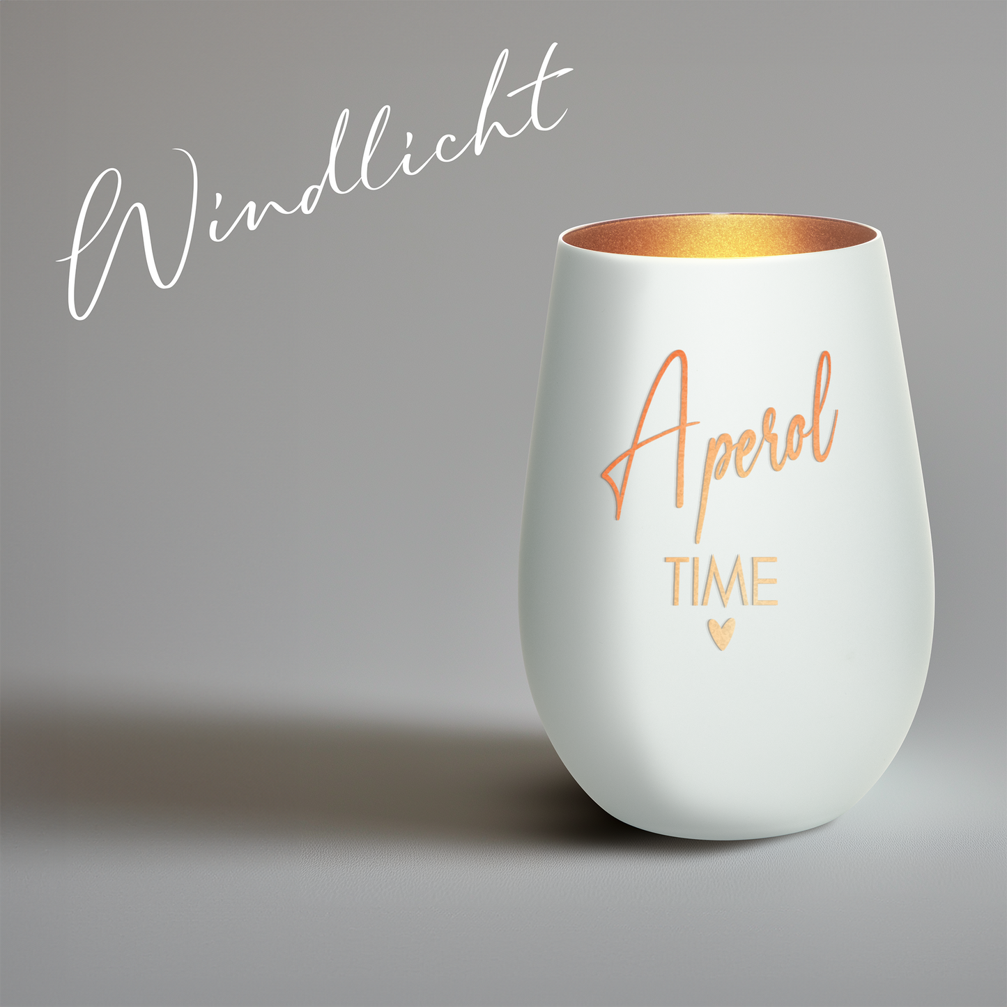 Hochwertiges Glas Windlicht mit Gravur "APEROL TIME" in der Farbe Weiß/Bronze