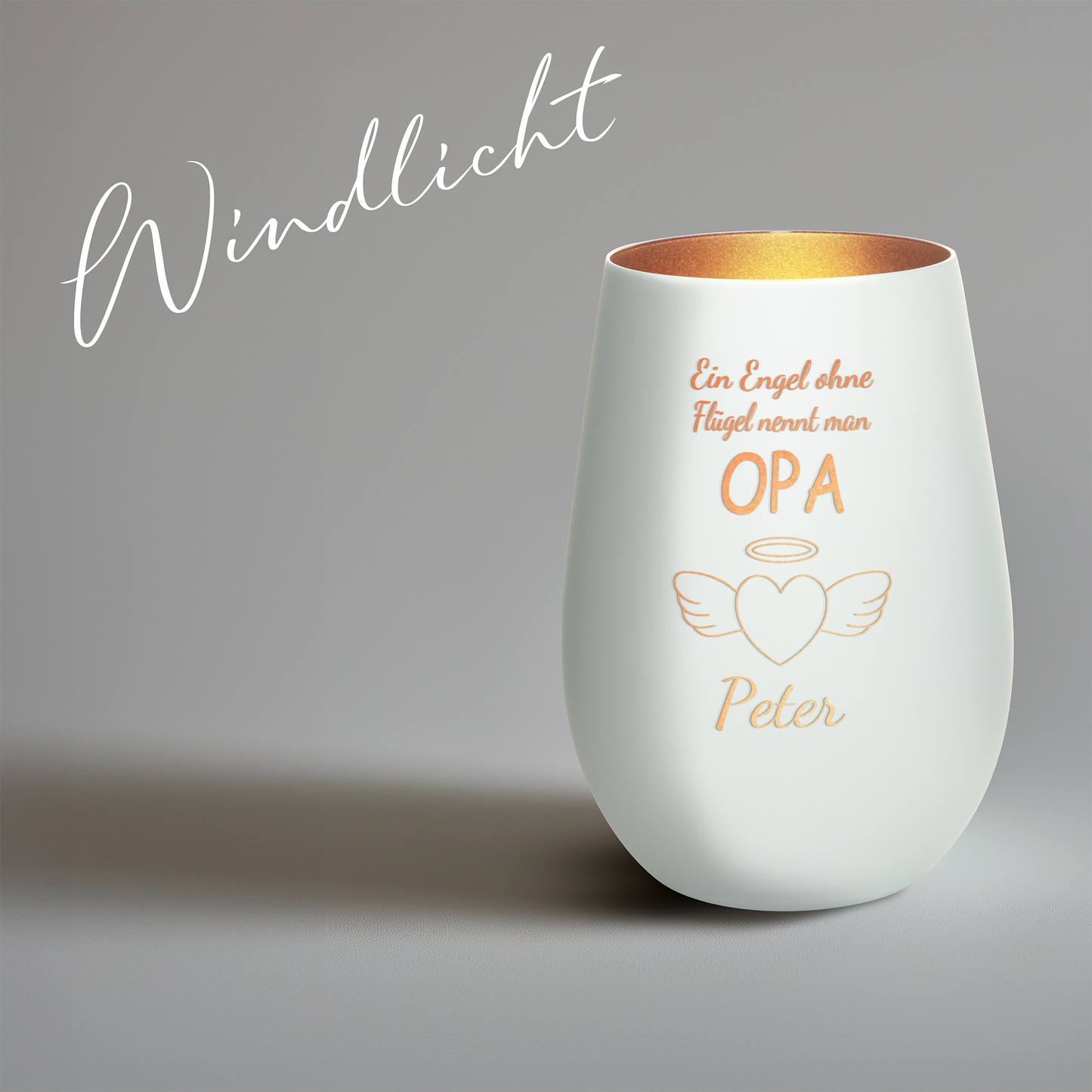 Hochwertiges Glas Windlicht mit Gravur "EIN ENGEL OHNE FLÜGEL NENNT MAN OPA" mit Wunschname in der Farbe Weiß/Bronze