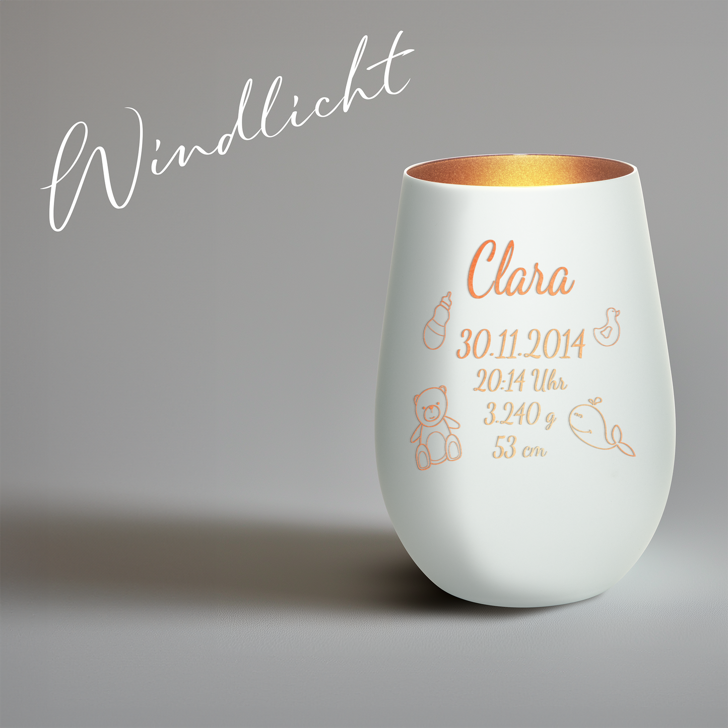 Hochwertiges Glas Windlicht mit Gravur "ZUR GEBURT" mit Wunschname und Datum in der Farbe Weiß/Bronze