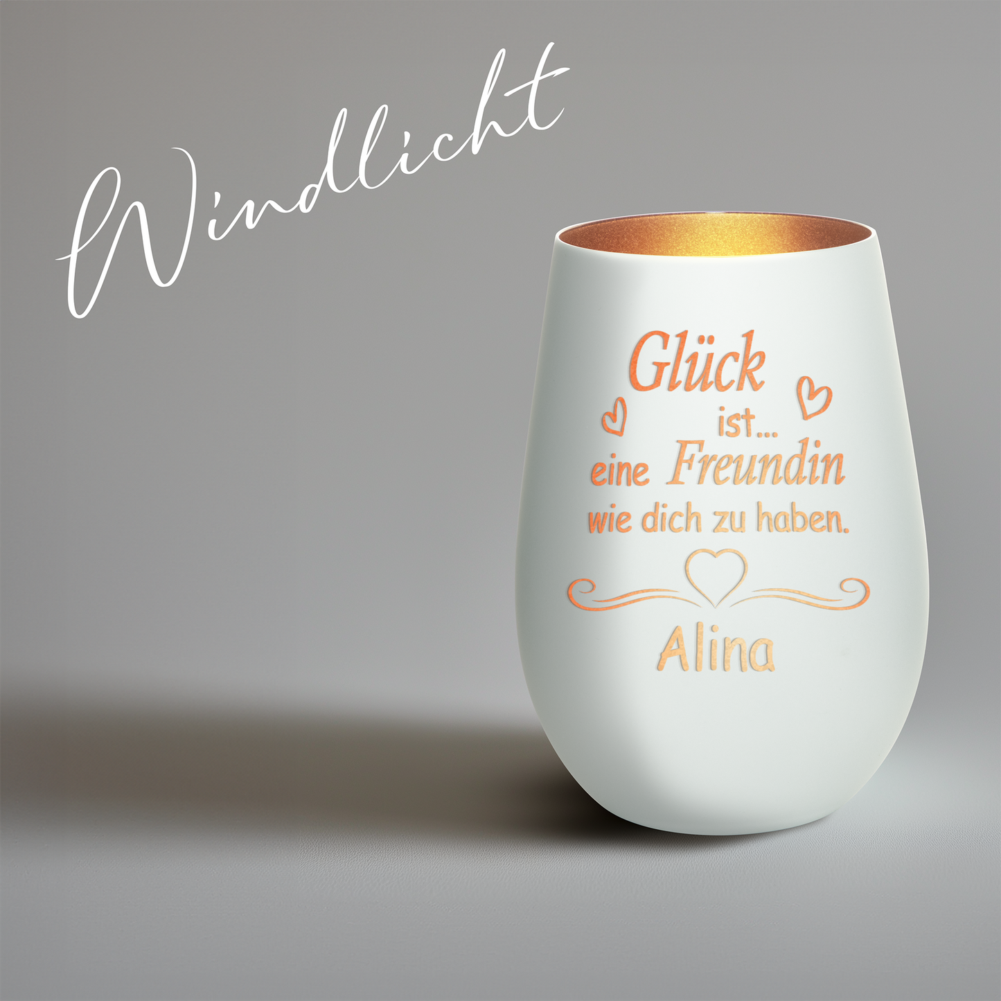 Hochwertiges Glas Windlicht mit Gravur "GLÜCK IST EINE FREUNDIN WIE DICH ZU HABEN" mit Wunschname in der Farbe Weiß/Bronze