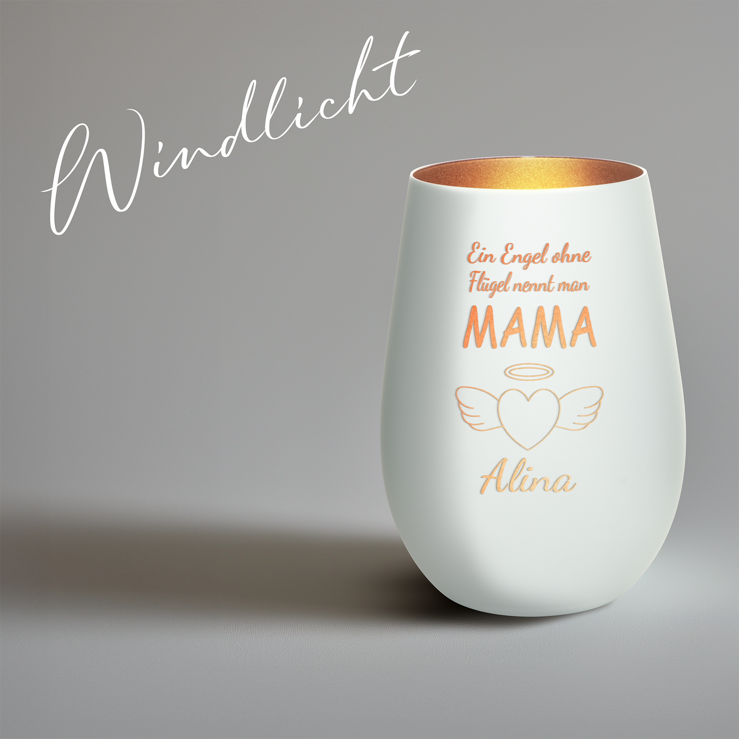 Hochwertiges Glas Windlicht mit Gravur "EIN ENGEL OHNE FLÜGEL NENNT MAN MAMA" mit Wunschname in der Farbe Weiß/Bronze