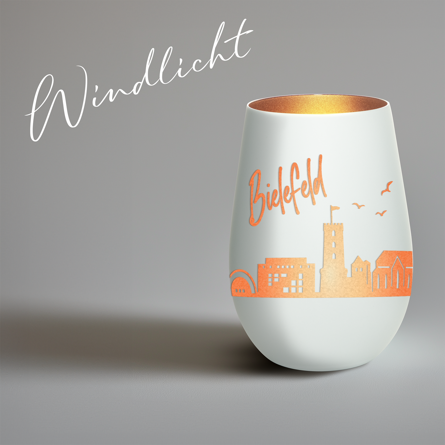 Hochwertiges Glas Windlicht mit Gravur "SKYLINE BIELEFELD" in der Farbe Weiß/Bronze