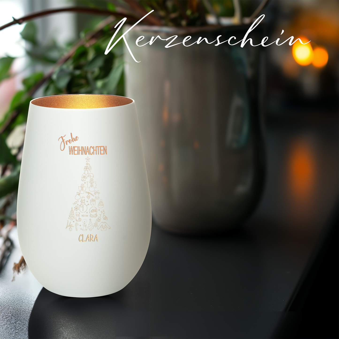 Hochwertiges Glas Windlicht mit Gravur "FROHE WEIHNACHTEN" mit Wunschname in der Farbe Weiß/Bronze