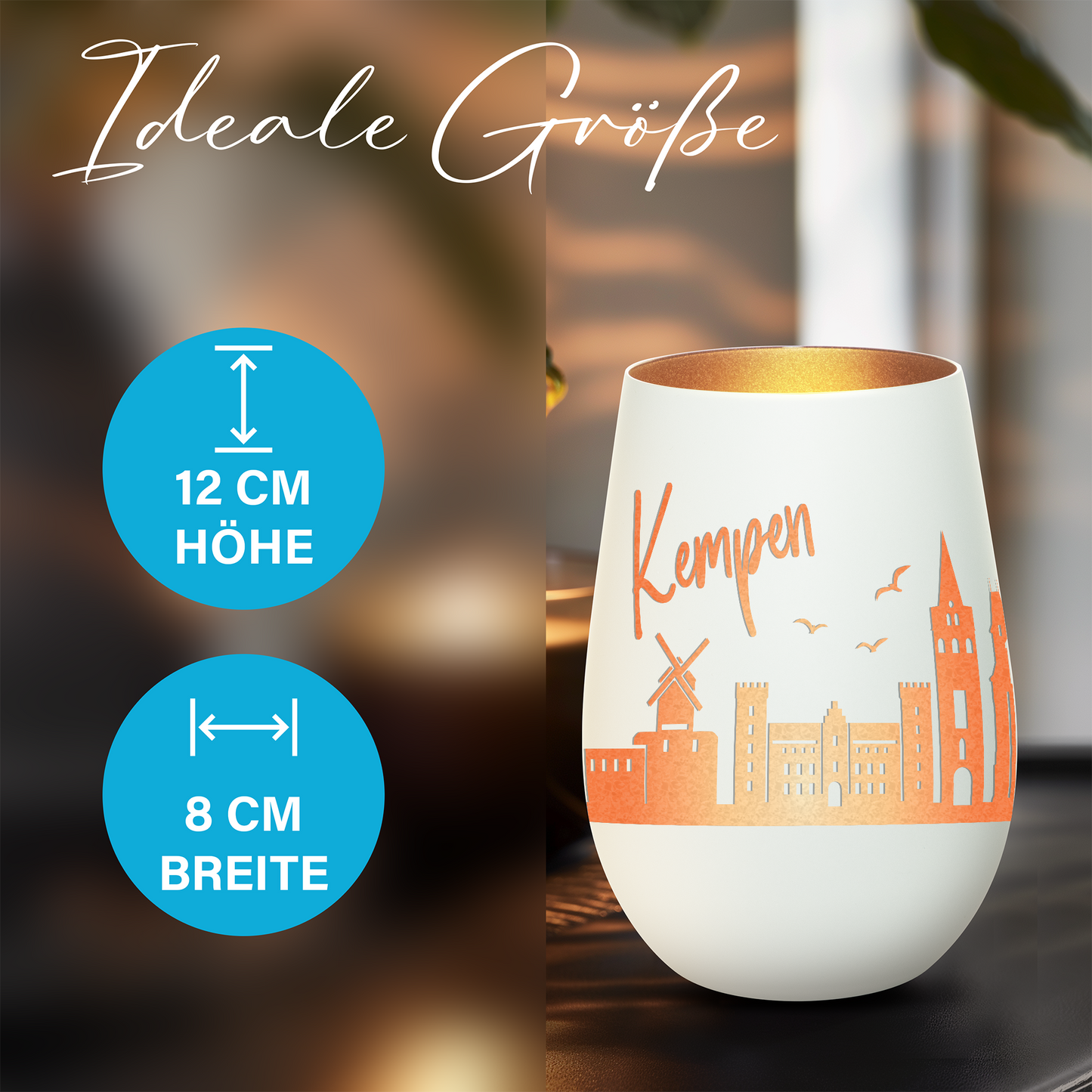Hochwertiges Glas Windlicht mit Gravur "SKYLINE KEMPEN" in der Farbe Weiß/Bronze