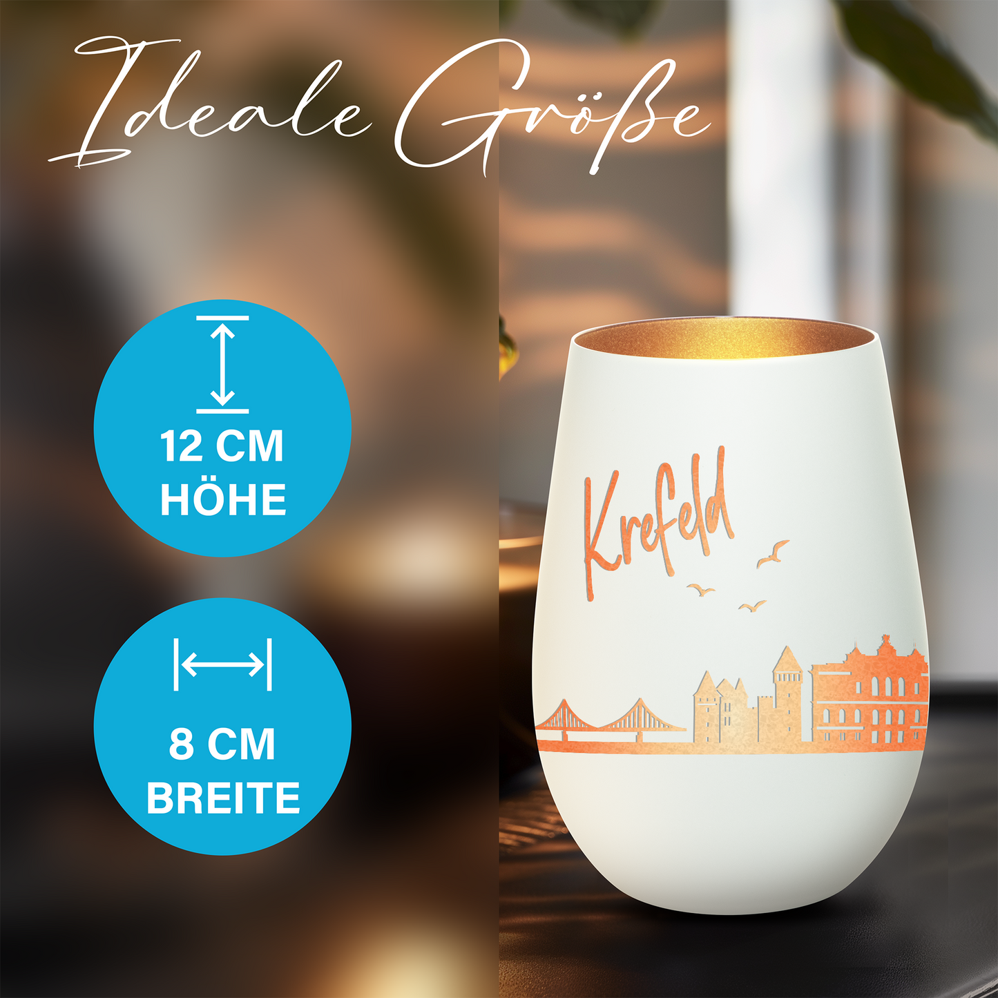 Hochwertiges Glas Windlicht mit Gravur "SKYLINE KREFELD" in der Farbe Weiß/Bronze