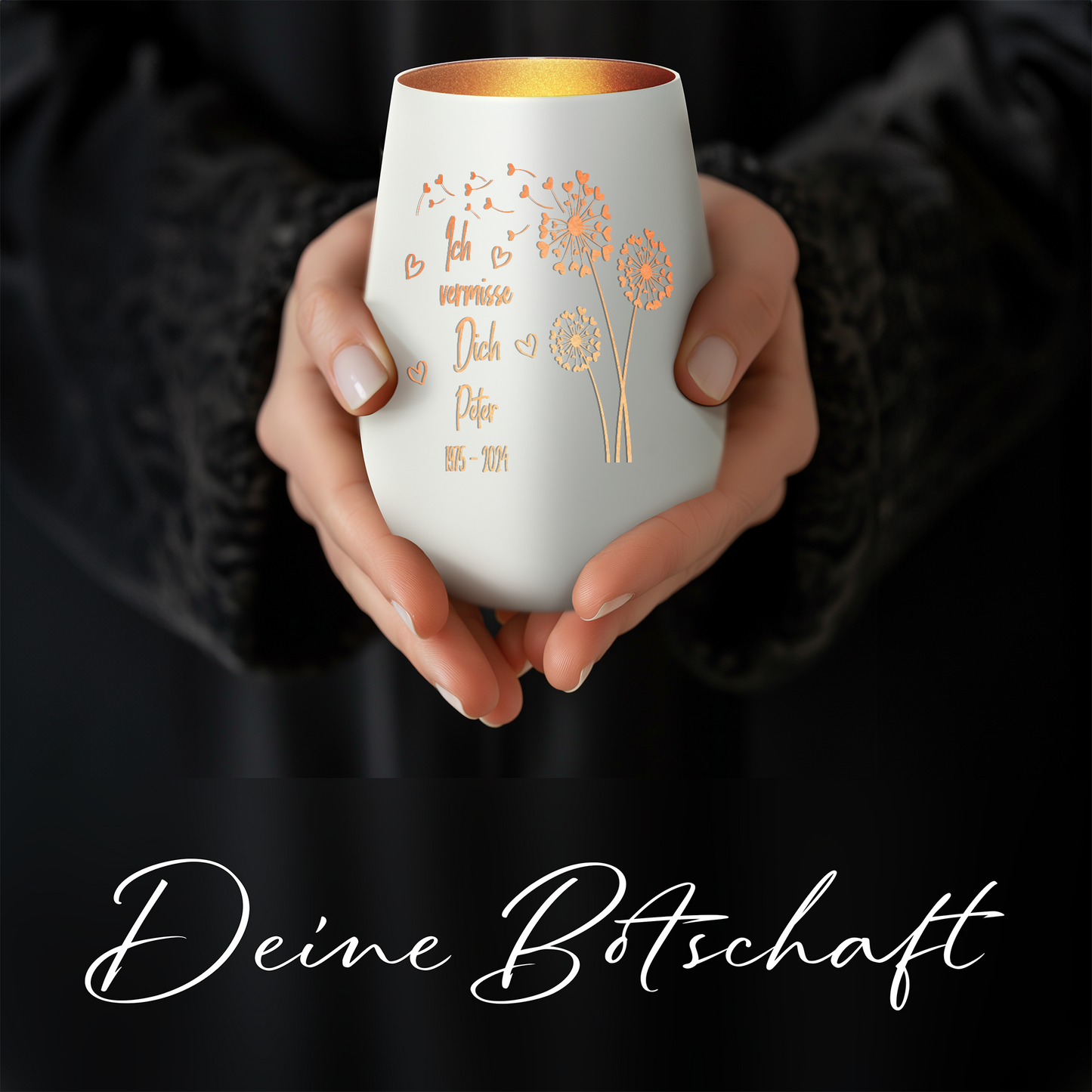 Hochwertiges Glas Windlicht mit Gravur als Trauerlicht "ICH VERMISSE DICH" mit Wunschname in der Farbe Weiß/Bronze