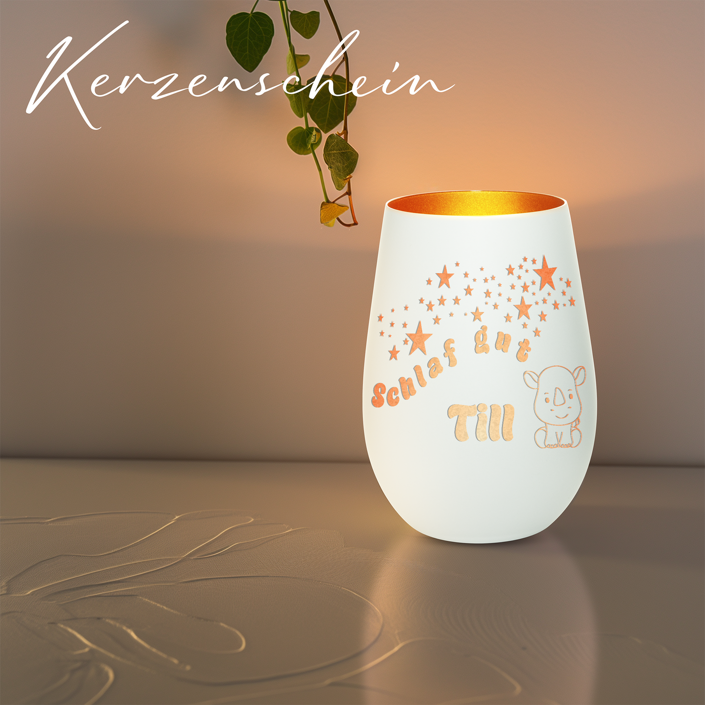 Hochwertiges Glas Windlicht für Kinder mit Gravur "SCHLAF GUT" Motiv Nashorn mit Wunschname in der Farbe Weiß/Bronze