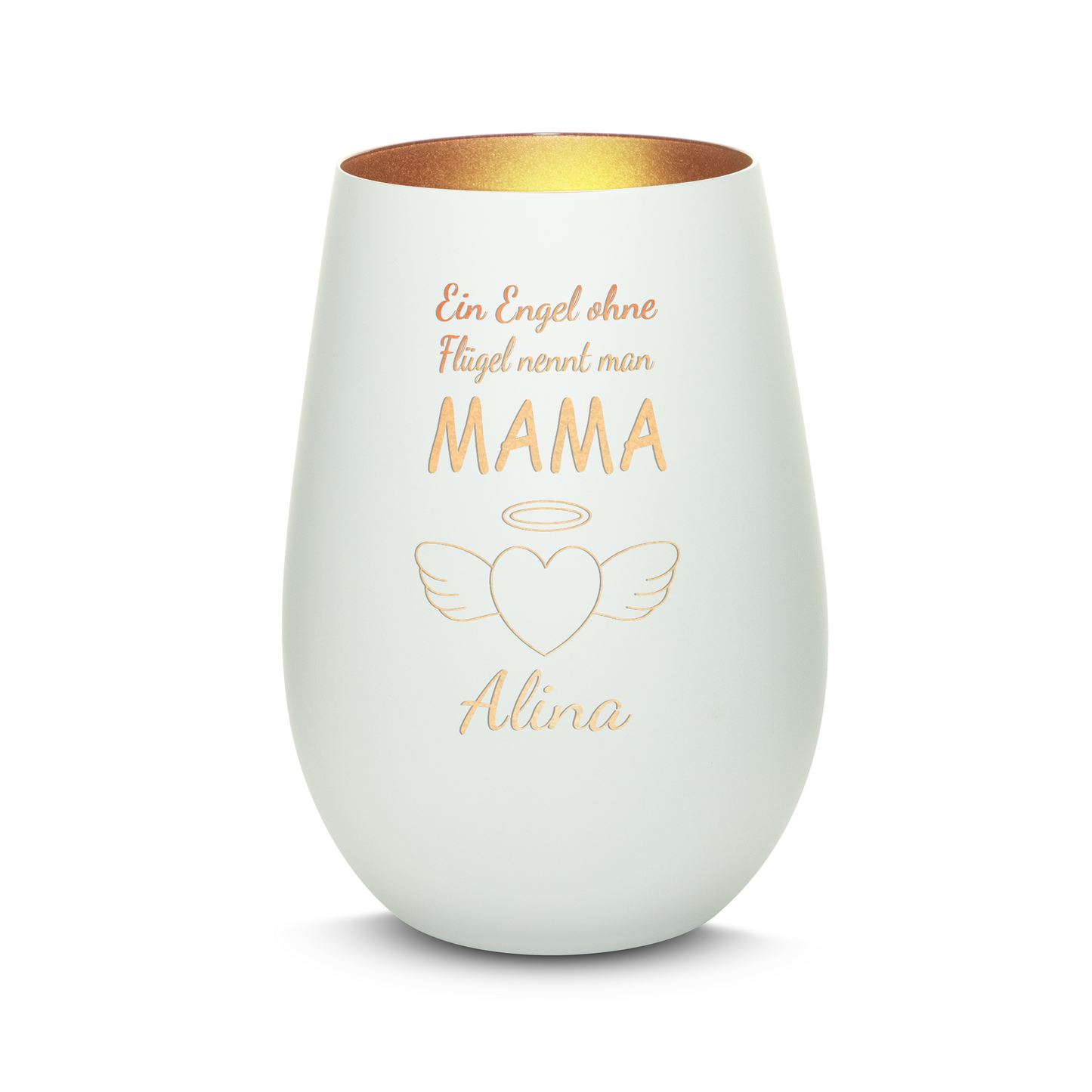 Hochwertiges Glas Windlicht mit Gravur "EIN ENGEL OHNE FLÜGEL NENNT MAN MAMA" mit Wunschname in der Farbe Weiß/Bronze