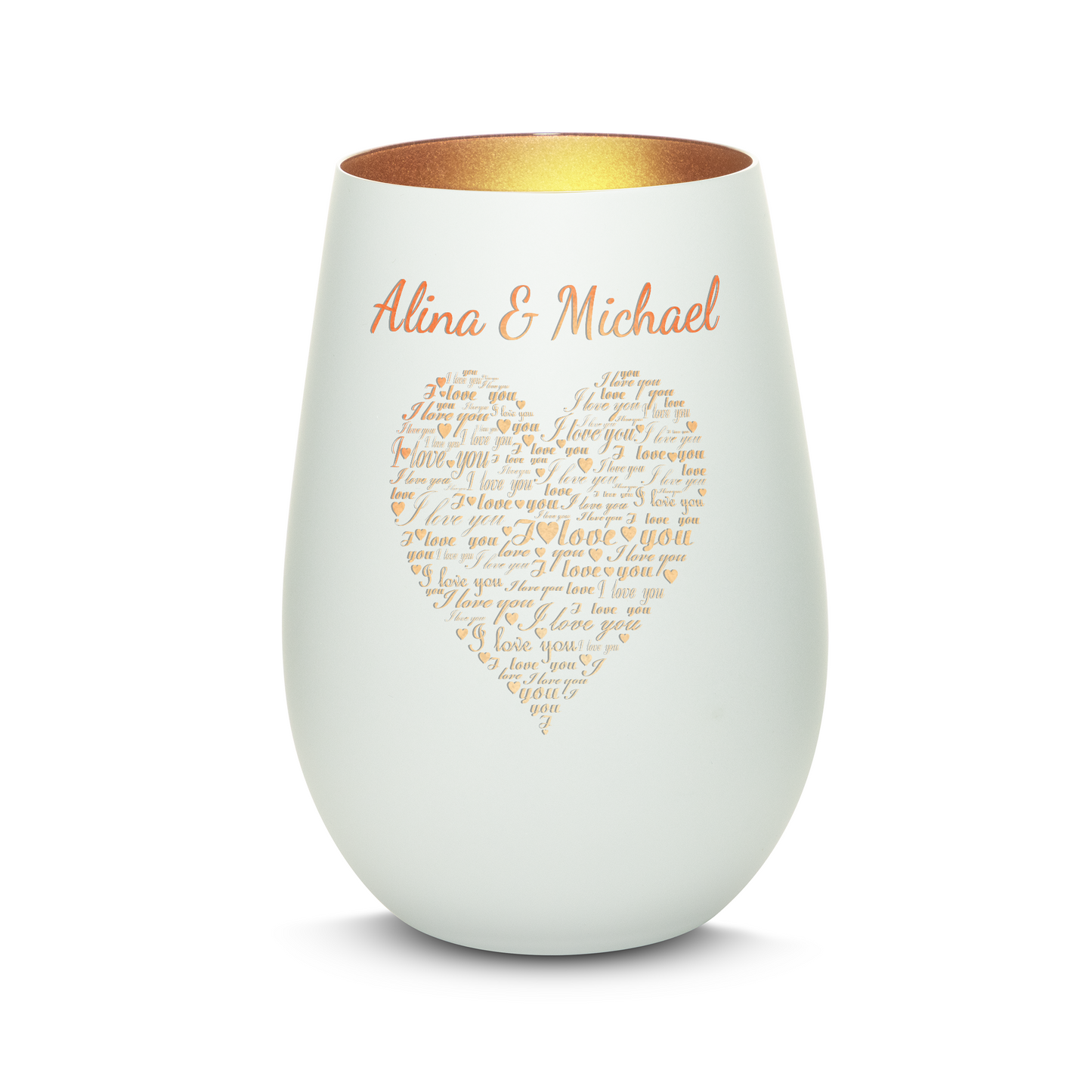 Hochwertiges Glas Windlicht mit Gravur "I LOVE YOU" mit Wunschnamen in der Farbe Weiß/Bronze