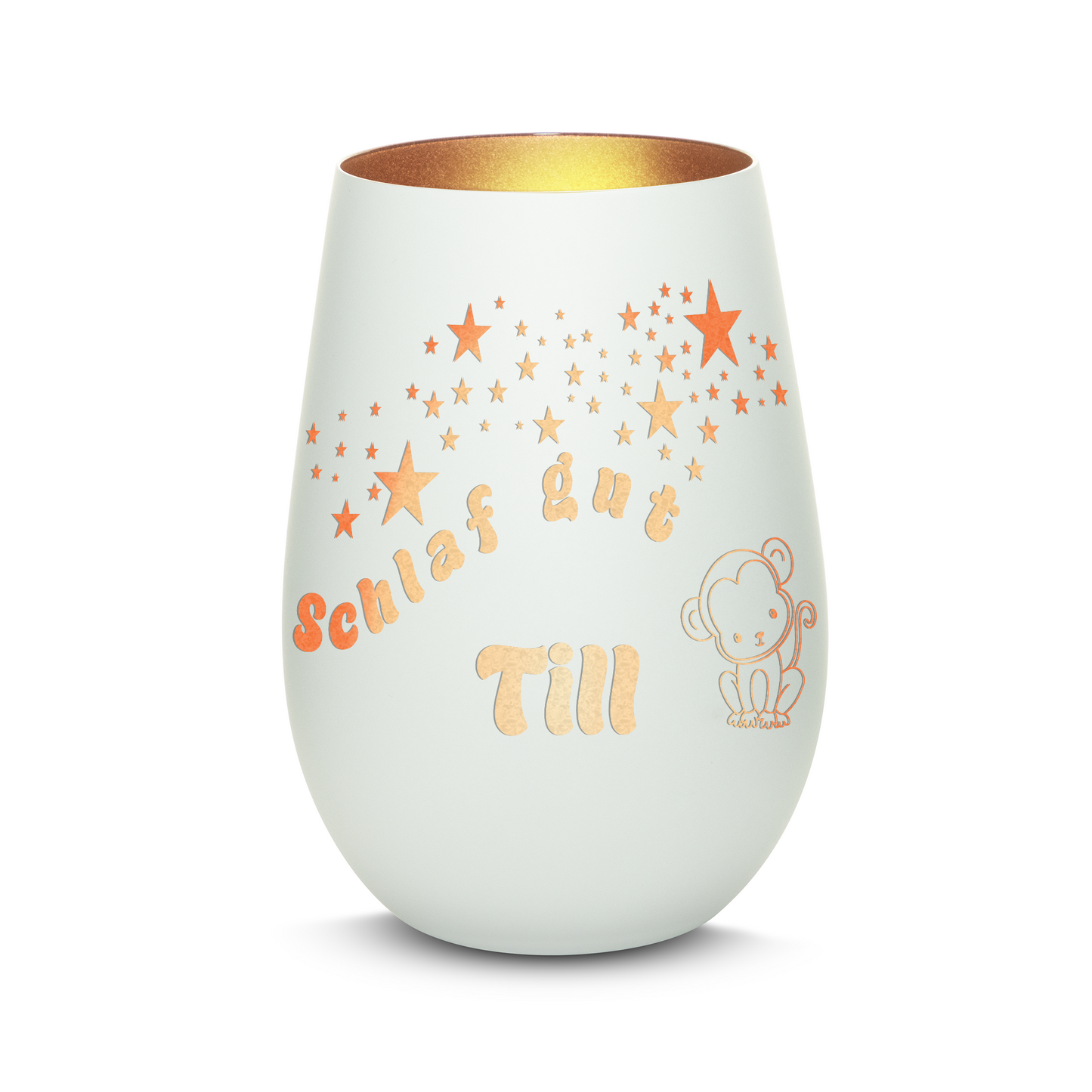 Hochwertiges Glas Windlicht für Kinder mit Gravur "SCHLAF GUT" Motiv Affe mit Wunschname in der Farbe Weiß/Bronze