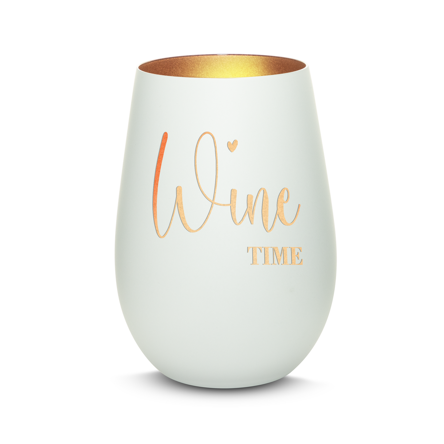 Hochwertiges Glas Windlicht mit Gravur "WINE TIME" in der Farbe Weiß/Bronze
