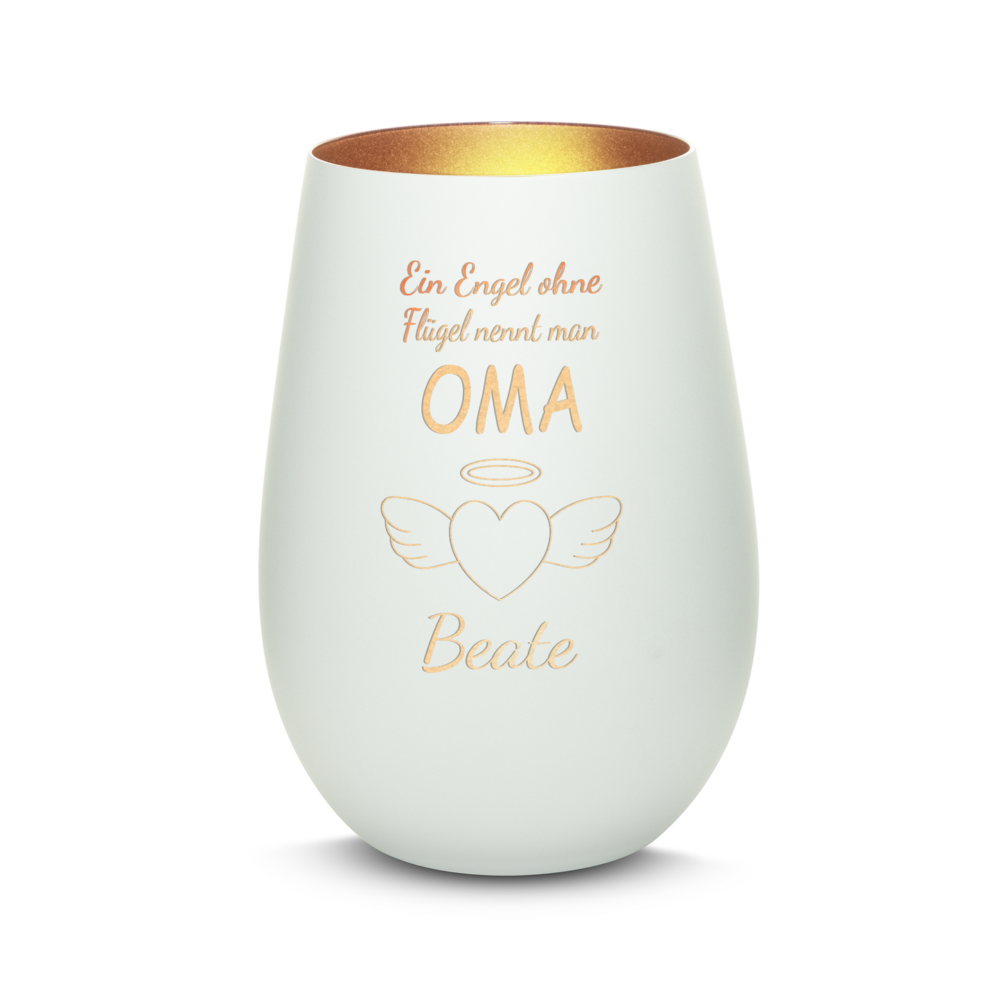 Hochwertiges Glas Windlicht mit Gravur "EIN ENGEL OHNE FLÜGEL NENNT MAN OMA" mit Wunschname in der Farbe Weiß/Bronze