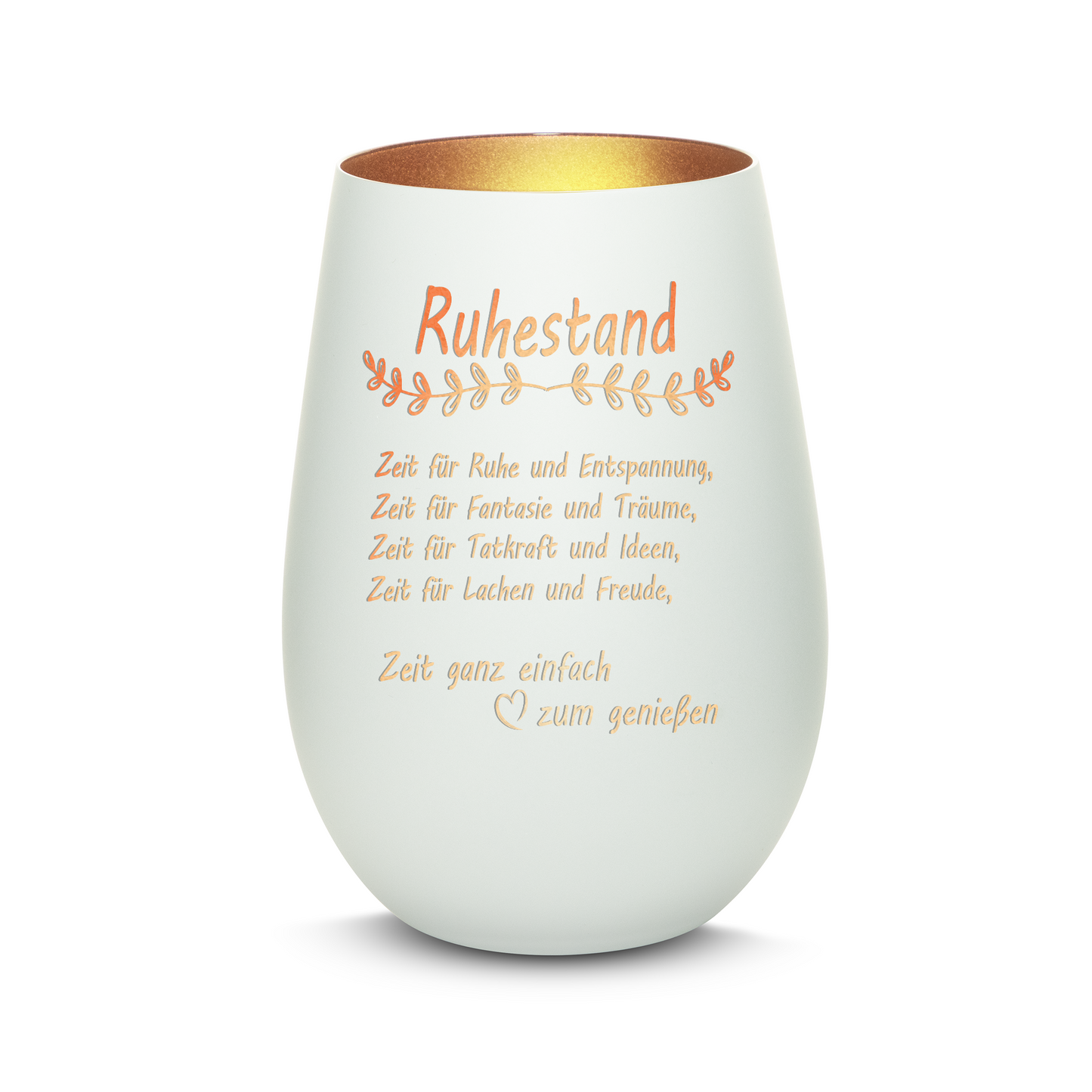 Hochwertiges Glas Windlicht mit Gravur "ALLES GUTE ZUM RUHESTAND" in der Farbe Weiß/Bronze