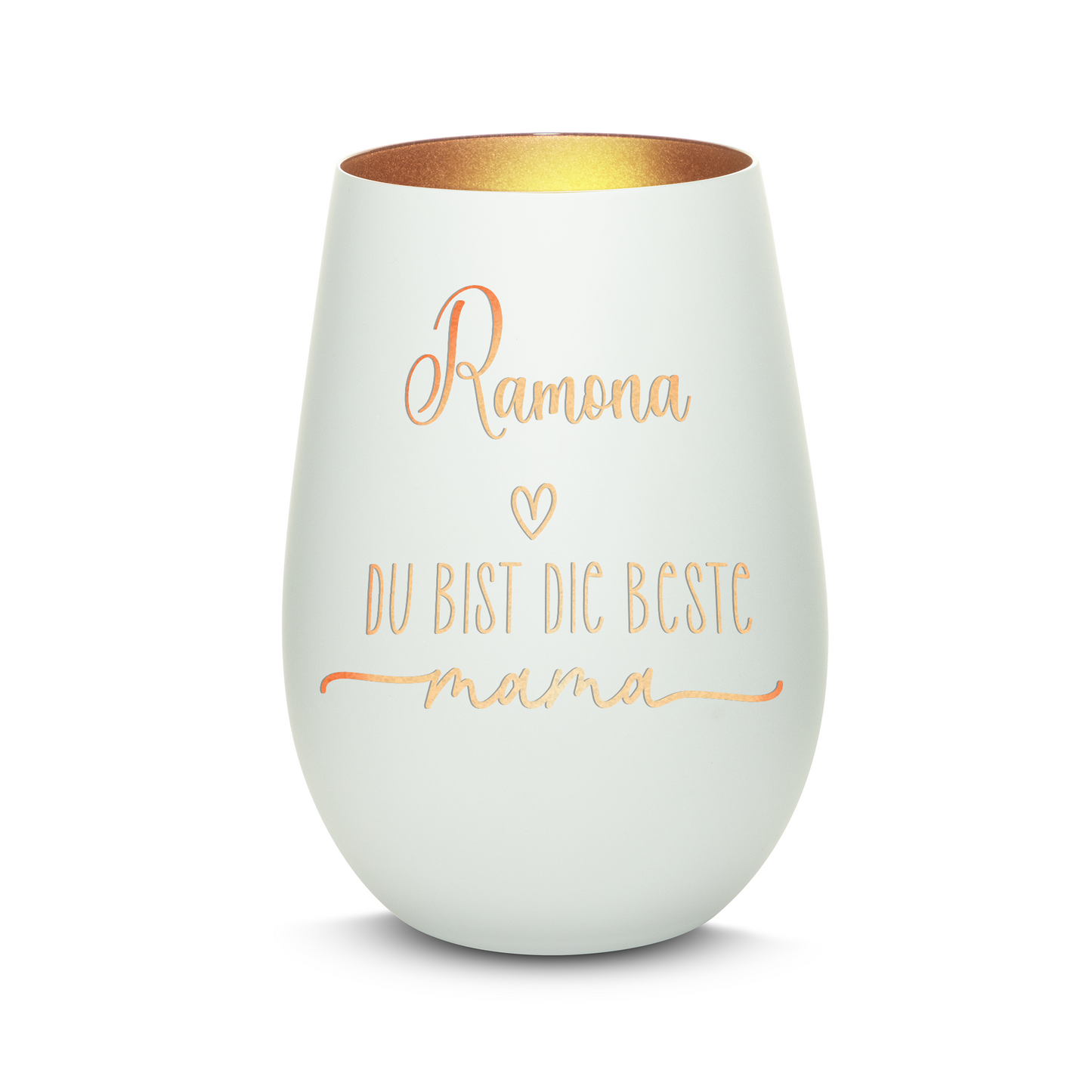 Hochwertiges Glas Windlicht mit Gravur "DIE BESTE MAMA" mit Wunschname in der Farbe Weiß/Bronze
