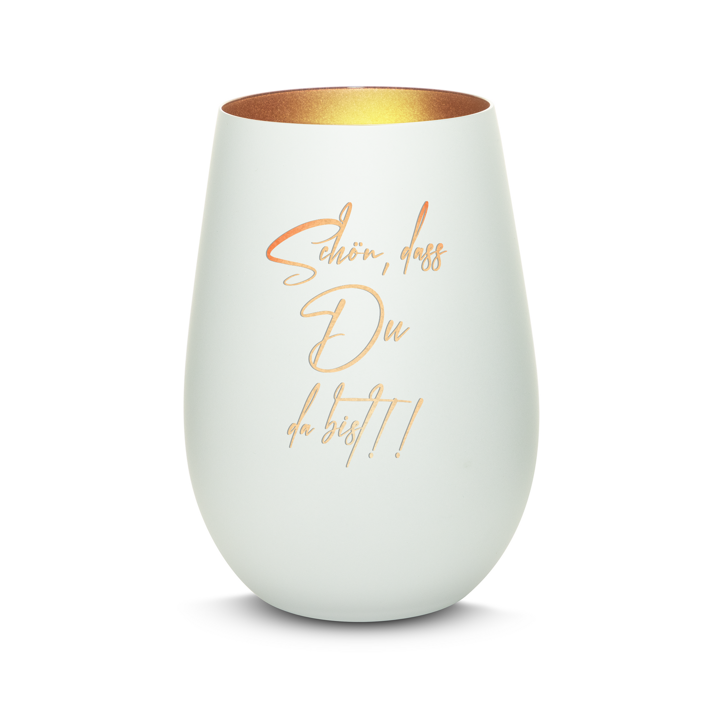 Hochwertiges Glas Windlicht mit Gravur "SCHÖN, DASS DU DA BIST" in der Farbe Weiß/Bronze