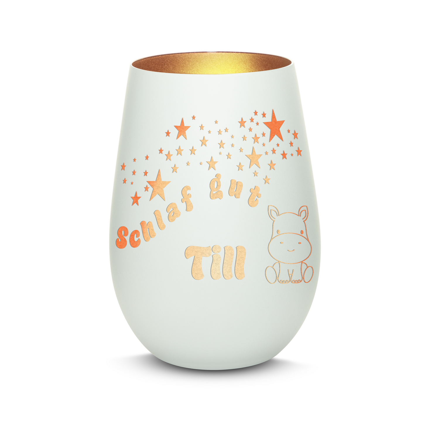 Hochwertiges Glas Windlicht für Kinder mit Gravur "SCHLAF GUT" Motiv Nilpferd mit Wunschname in der Farbe Weiß/Bronze