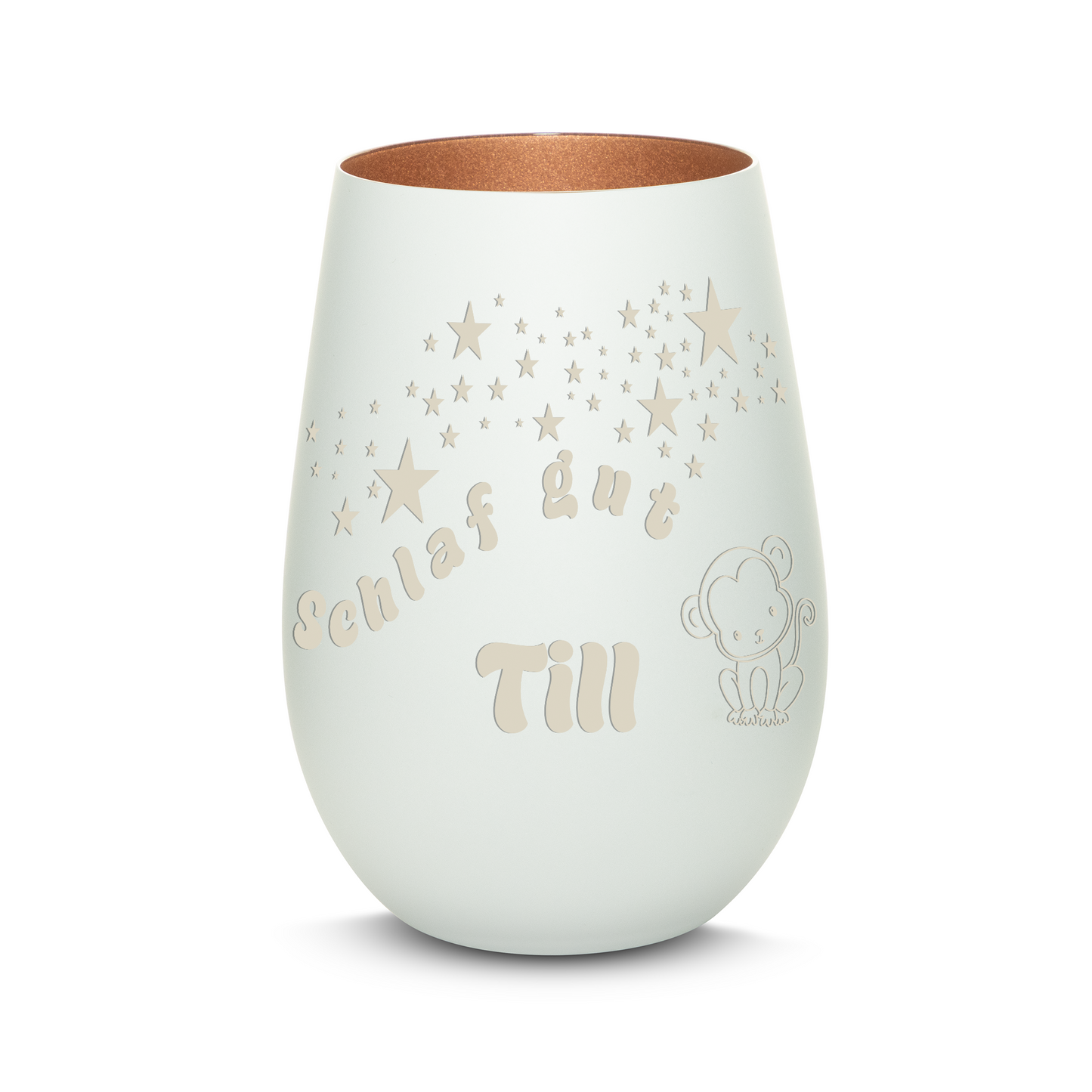Hochwertiges Glas Windlicht für Kinder mit Gravur "SCHLAF GUT" Motiv Affe mit Wunschname in der Farbe Weiß/Bronze