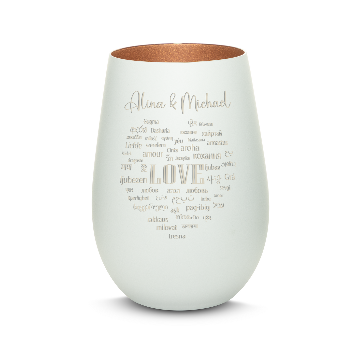 Hochwertiges Glas Windlicht mit Gravur "LIEBE IN ALLEN SPRACHEN" mit Wunschnamen in der Farbe Weiß/Bronze