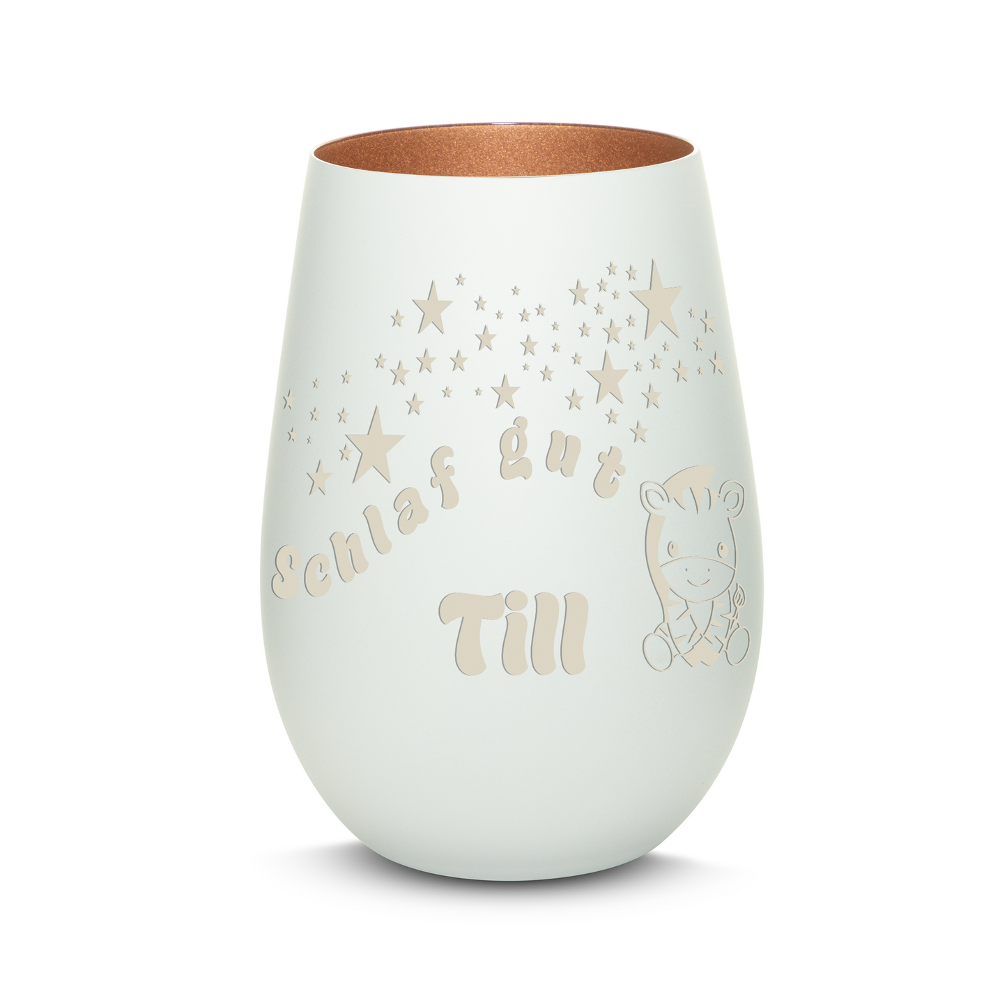Hochwertiges Glas Windlicht für Kinder mit Gravur "SCHLAF GUT" Motiv Zebra mit Wunschname in der Farbe Weiß/Bronze