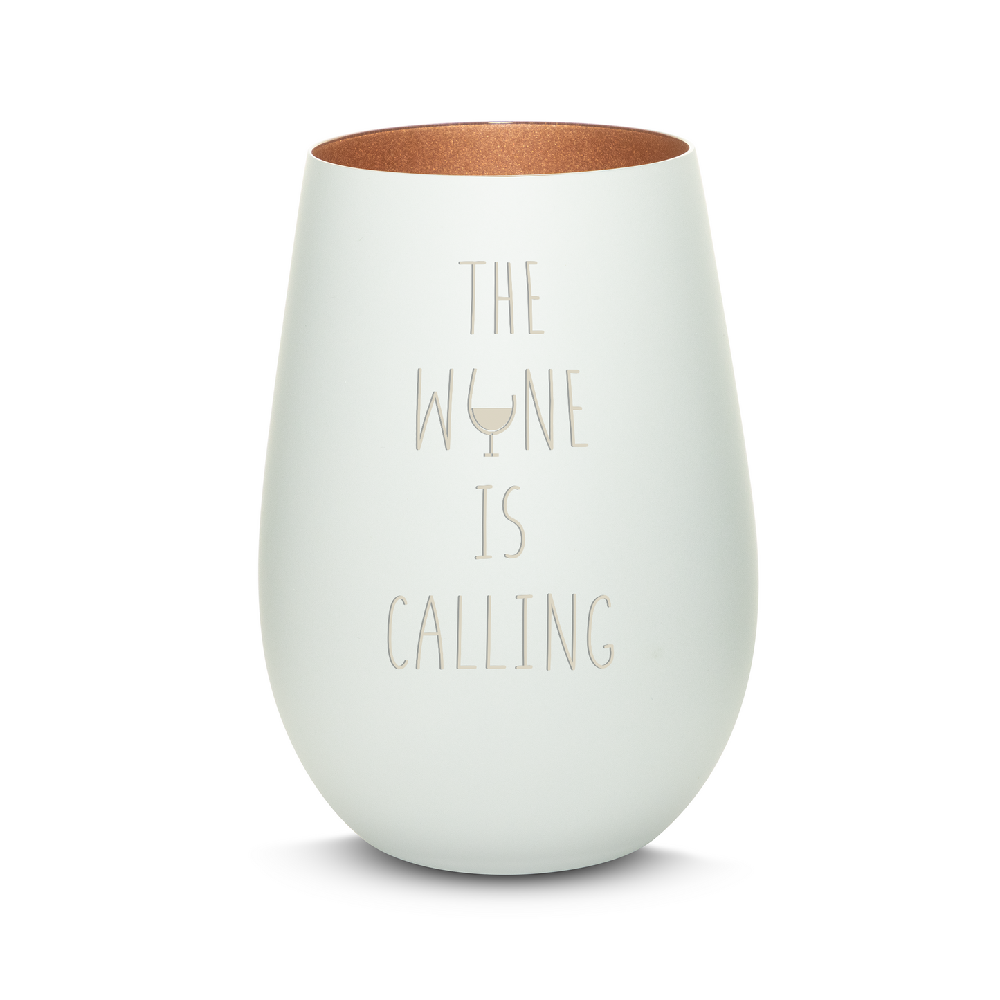 Hochwertiges Glas Windlicht mit Gravur "THE WINE IS CALLING" in der Farbe Weiß/Bronze