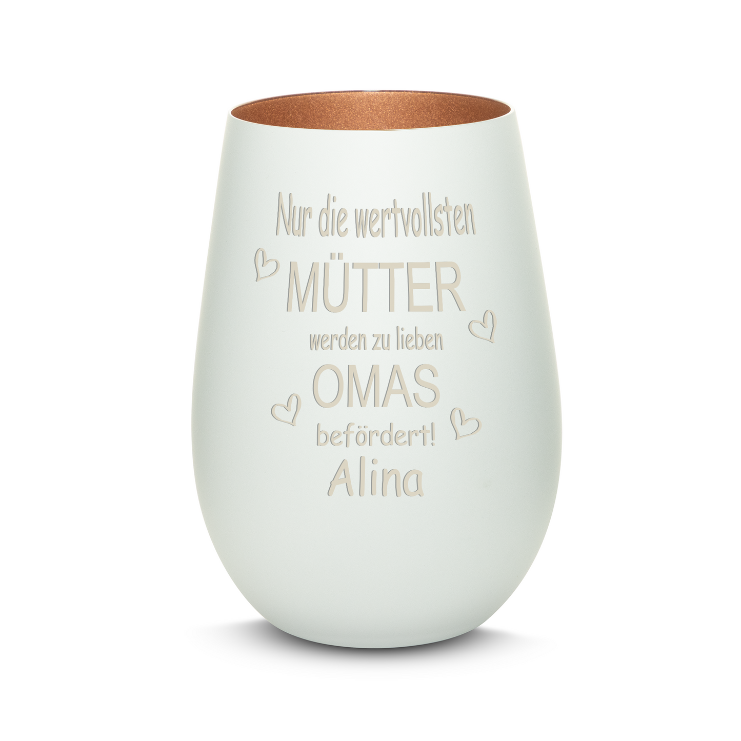 Hochwertiges Glas Windlicht mit Gravur "NUR DIE WERTVOLLSTEN MÜTTER WERDEN ZU LIEBEN OMAS" mit Wunschname in der Farbe Weiß/Bronze