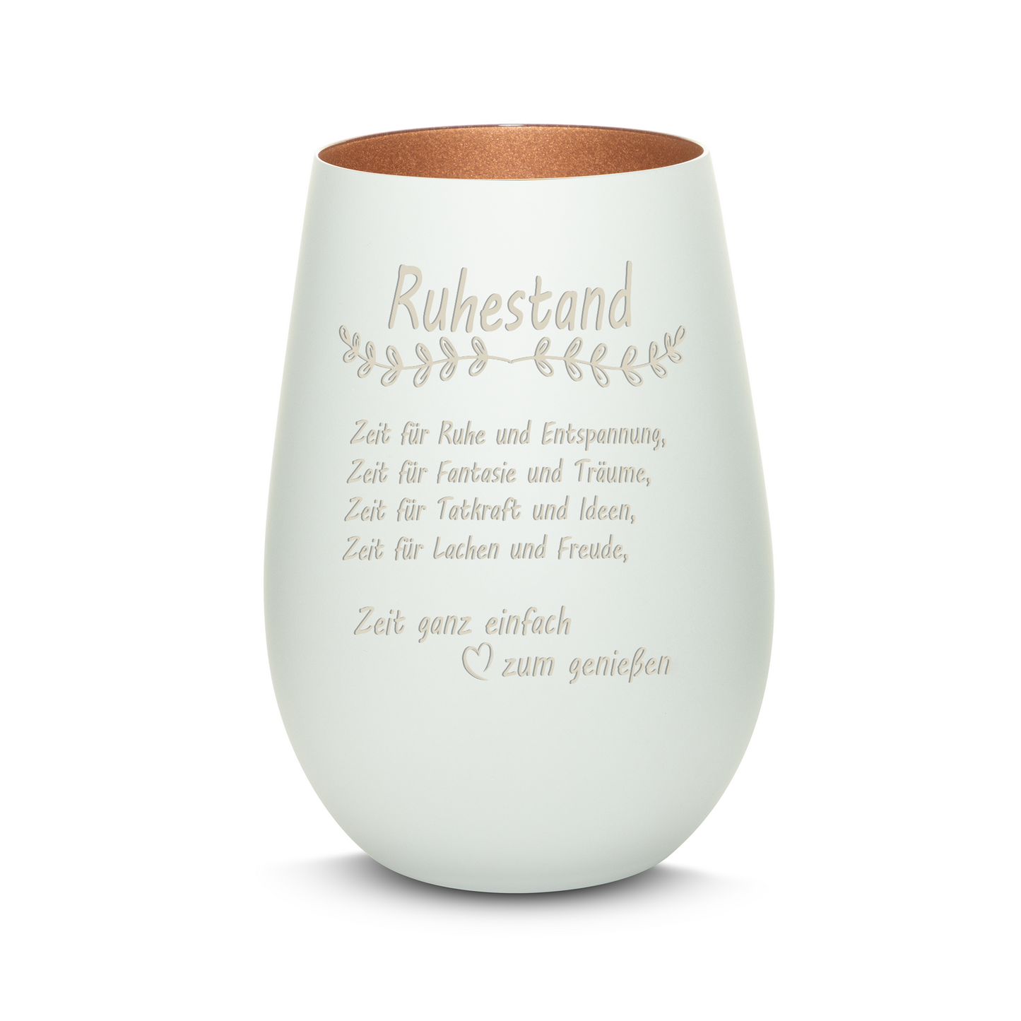 Hochwertiges Glas Windlicht mit Gravur "ALLES GUTE ZUM RUHESTAND" in der Farbe Weiß/Bronze