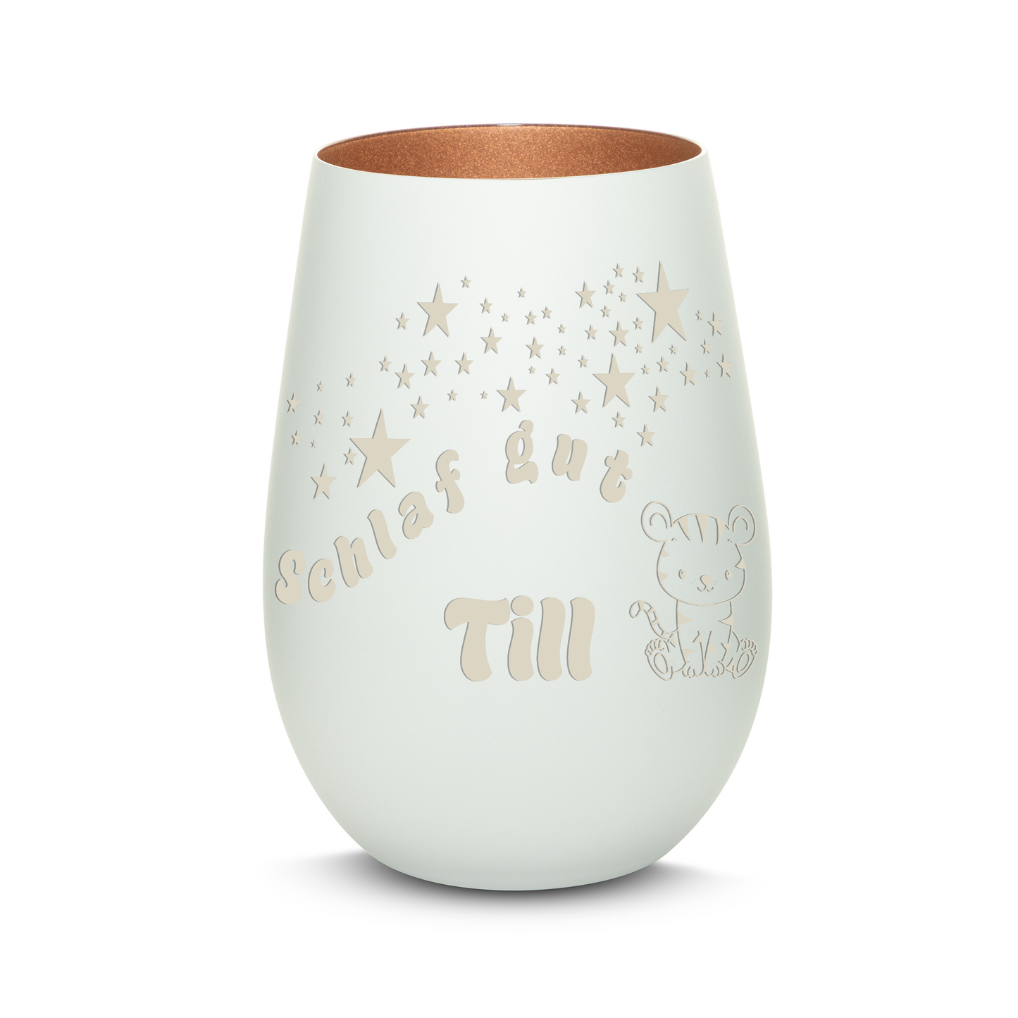 Hochwertiges Glas Windlicht für Kinder mit Gravur "SCHLAF GUT" Motiv Tiger mit Wunschname in der Farbe Weiß/Bronze
