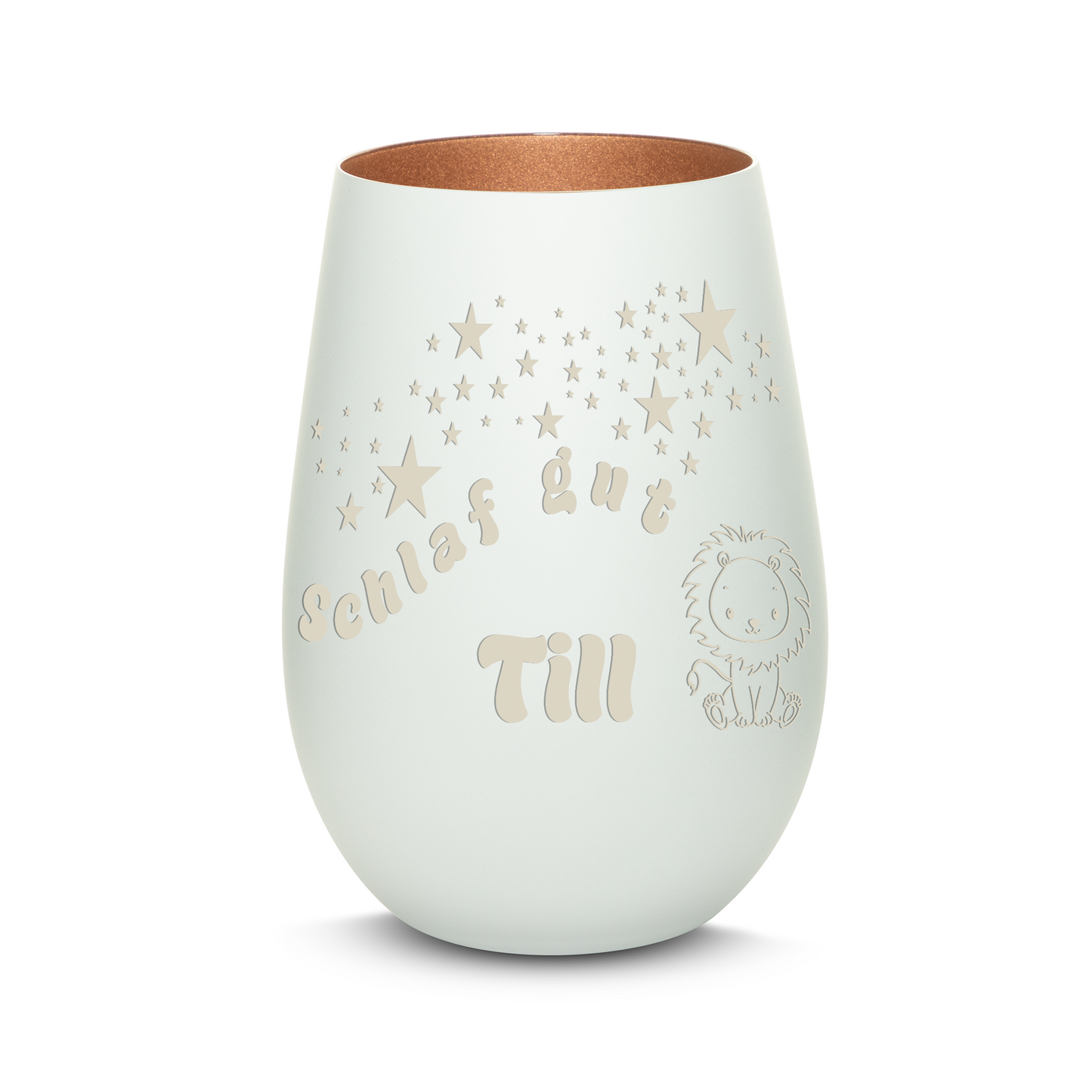 Hochwertiges Glas Windlicht für Kinder mit Gravur "SCHLAF GUT" Motiv Löwe mit Wunschname in der Farbe Weiß/Bronze