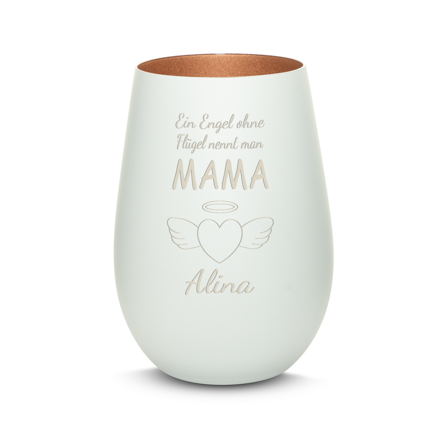 Hochwertiges Glas Windlicht mit Gravur "EIN ENGEL OHNE FLÜGEL NENNT MAN MAMA" mit Wunschname in der Farbe Weiß/Bronze