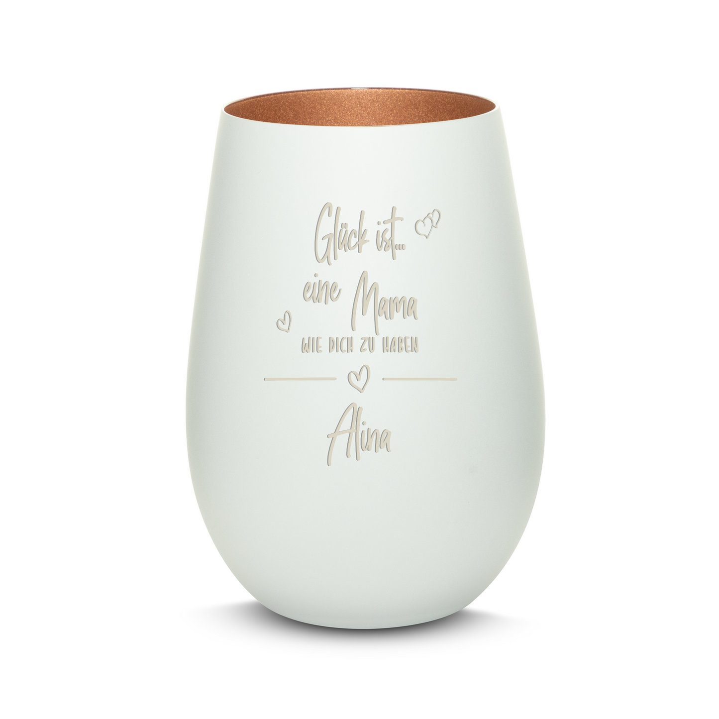 Hochwertiges Glas Windlicht mit Gravur "GLÜCK IST EINE MAMA WIE DICH ZU HABEN" mit Wunschname in der Farbe Weiß/Bronze