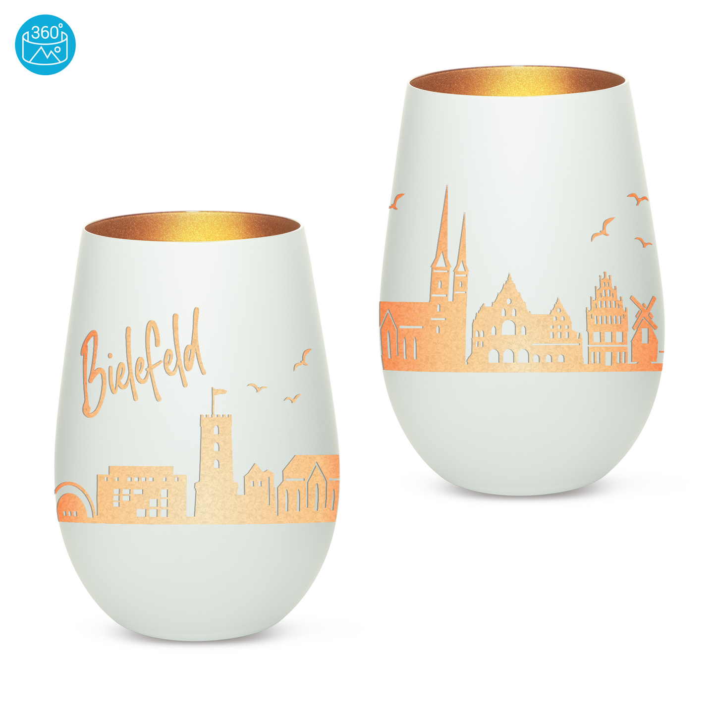 Hochwertiges Glas Windlicht mit Gravur "SKYLINE BIELEFELD" in der Farbe Weiß/Bronze