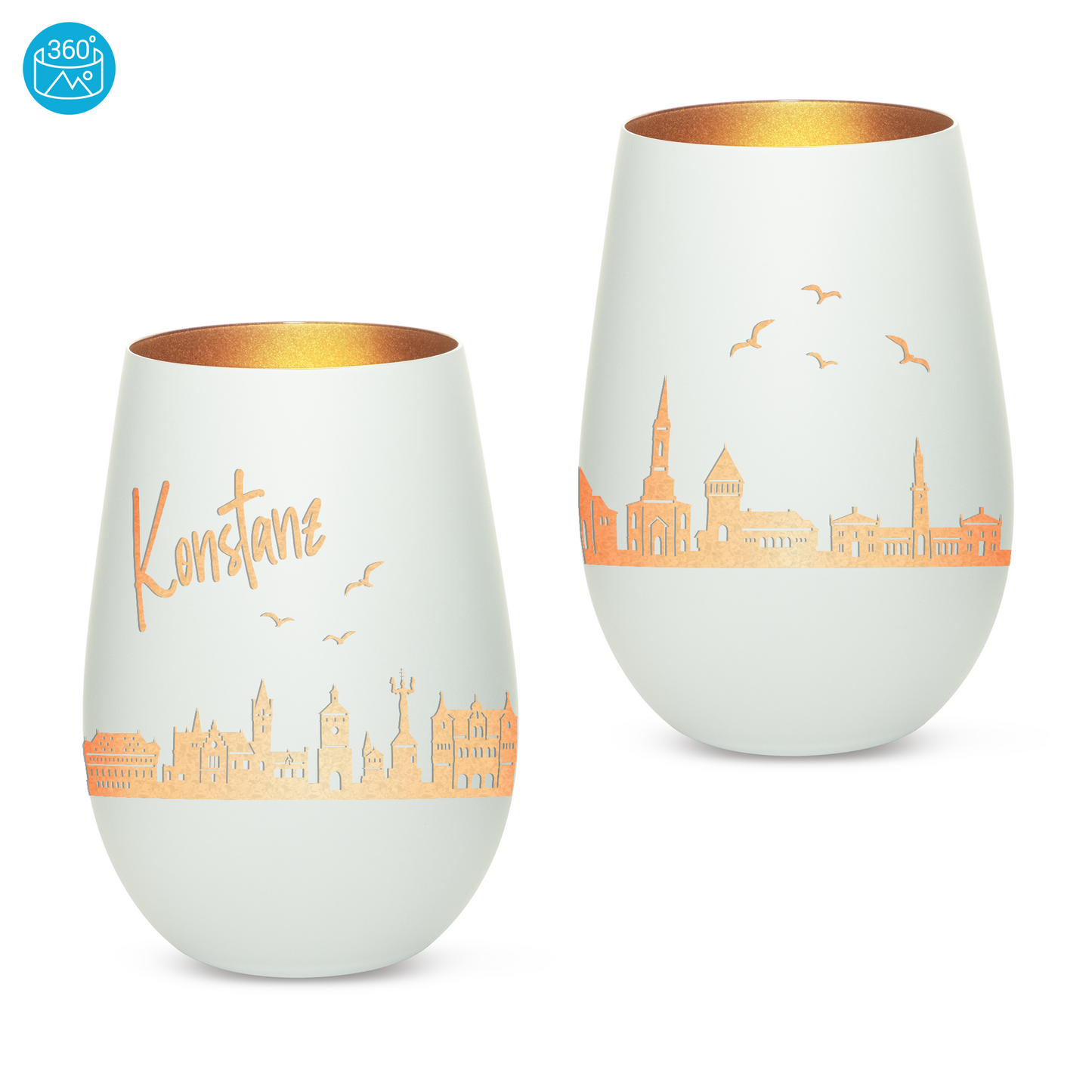 Hochwertiges Glas Windlicht mit Gravur "SKYLINE KONSTANZ" in der Farbe Weiß/Bronze