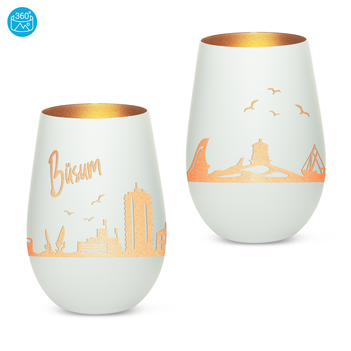 Hochwertiges Glas Windlicht mit Gravur "SKYLINE BÜSUM" in der Farbe Weiß/Bronze