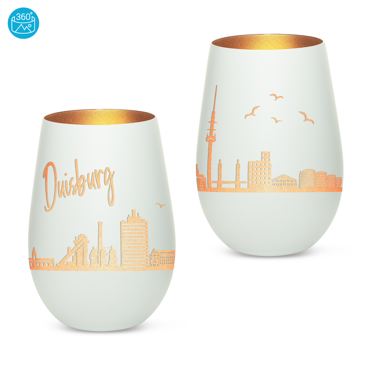 Hochwertiges Glas Windlicht mit Gravur "SKYLINE DUISBURG" in der Farbe Weiß/Bronze