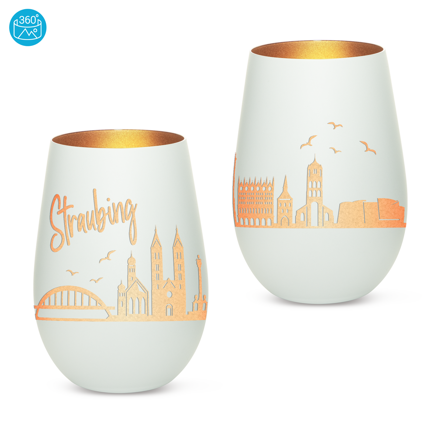 Hochwertiges Glas Windlicht mit Gravur "SKYLINE STRAUBING" in der Farbe Weiß/Bronze
