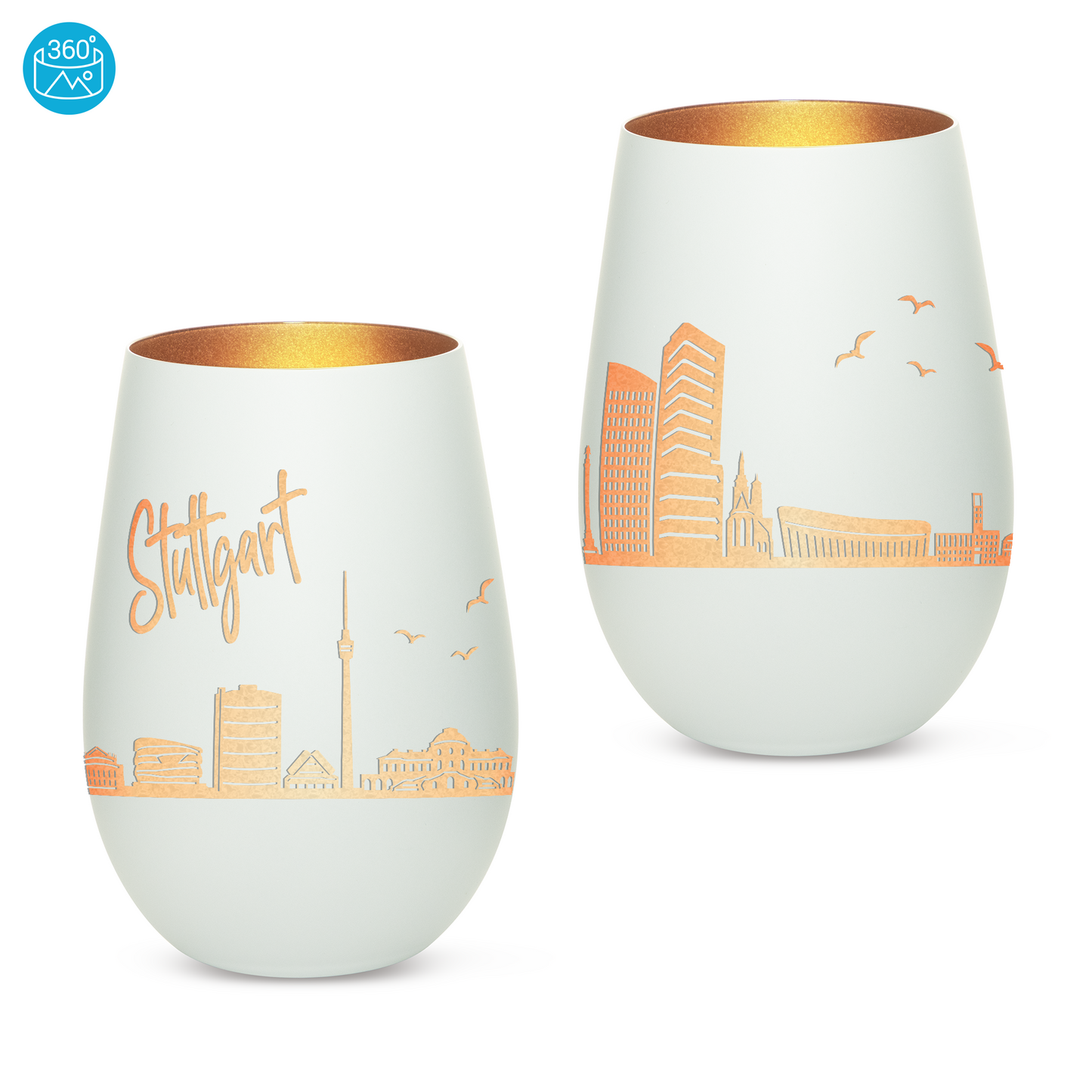 Hochwertiges Glas Windlicht mit Gravur "SKYLINE STUTTGART" in der Farbe Weiß/Bronze