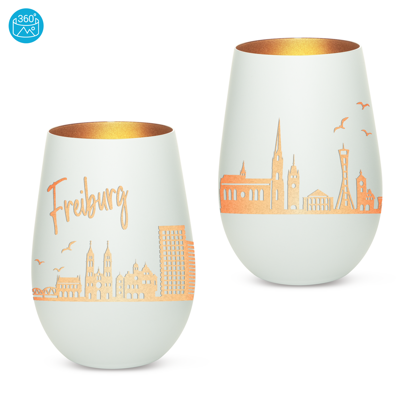 Hochwertiges Glas Windlicht mit Gravur "SKYLINE FREIBURG" in der Farbe Weiß/Bronze