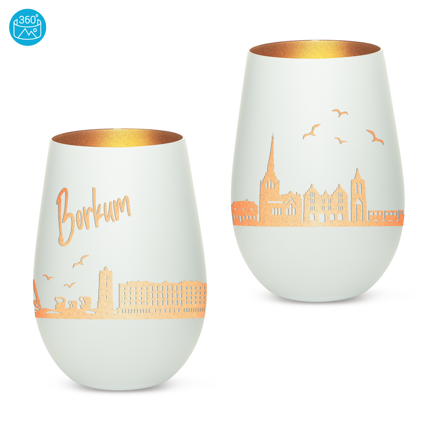 Hochwertiges Glas Windlicht mit Gravur "SKYLINE BORKUM" in der Farbe Weiß/Bronze