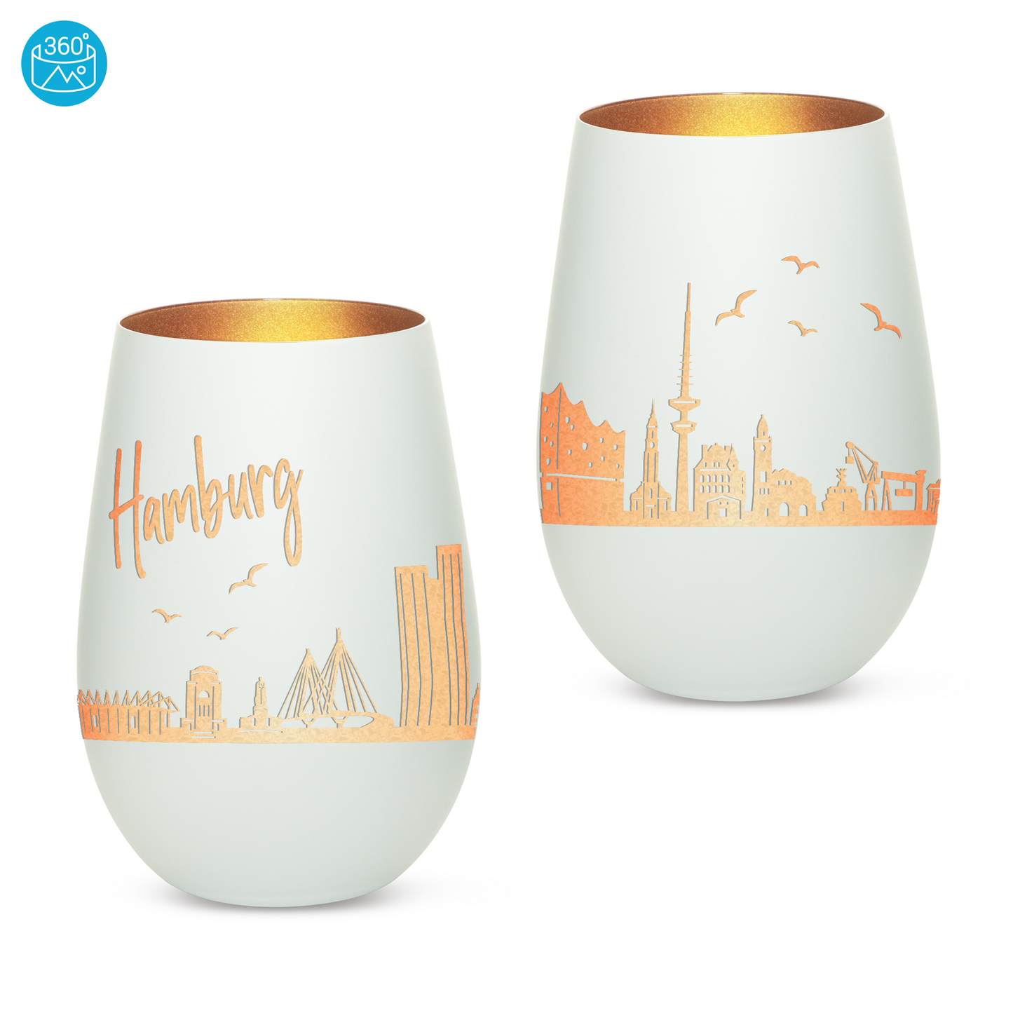 Hochwertiges Glas Windlicht mit Gravur "SKYLINE HAMBURG" in der Farbe Weiß/Bronze