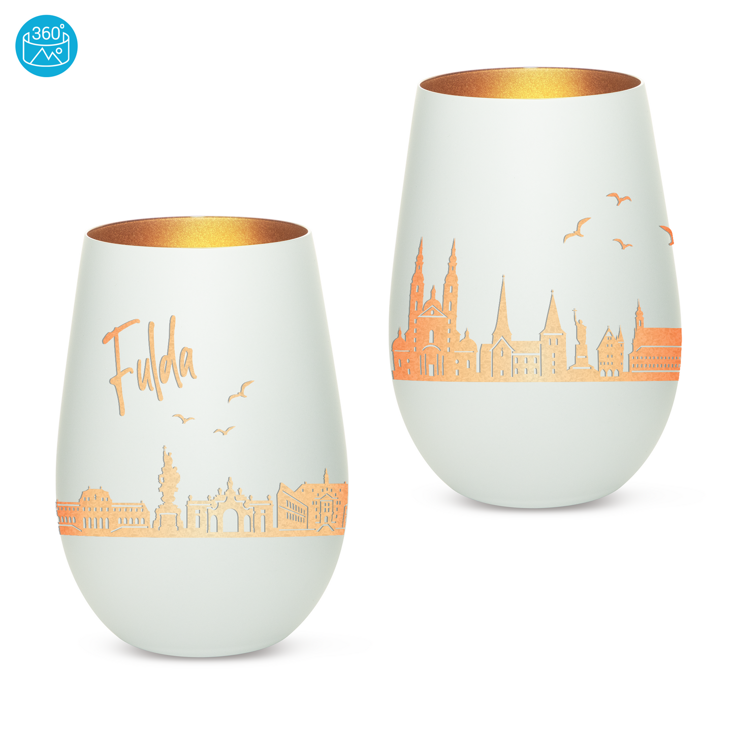 Hochwertiges Glas Windlicht mit Gravur "SKYLINE FULDA" in der Farbe Weiß/Bronze