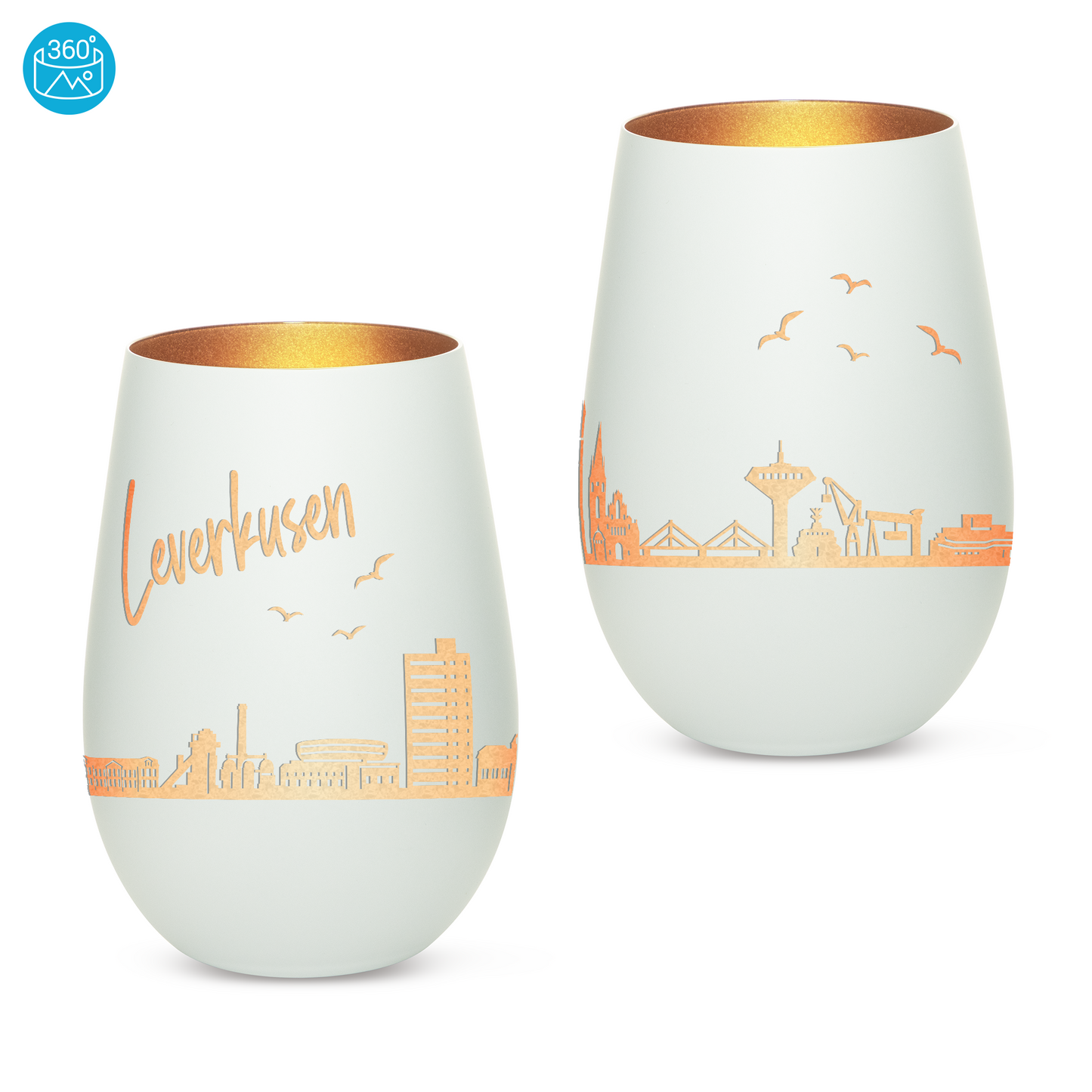 Hochwertiges Glas Windlicht mit Gravur "SKYLINE LEVERKUSEN" in der Farbe Weiß/Bronze