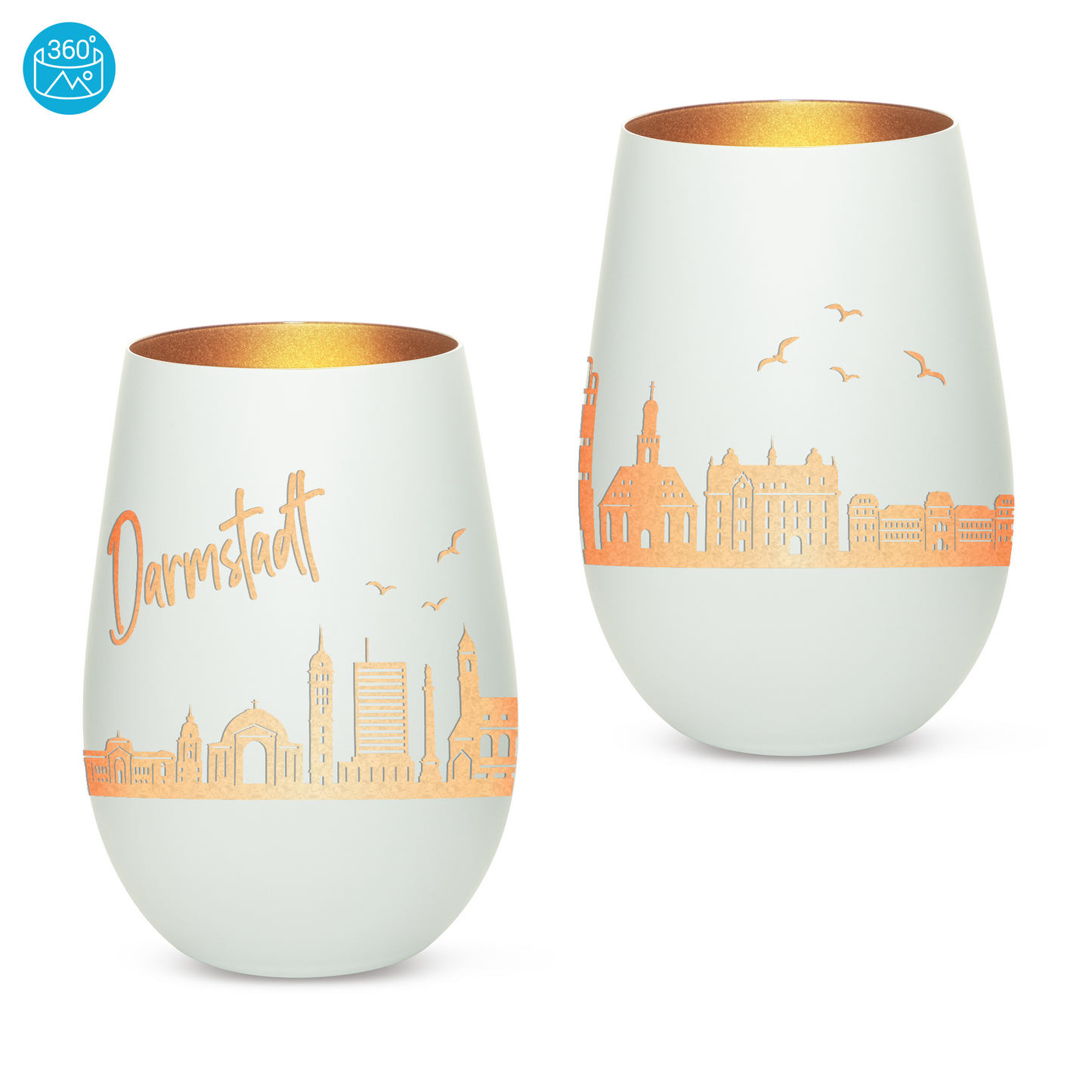 Hochwertiges Glas Windlicht mit Gravur "SKYLINE DARMSTADT" in der Farbe Weiß/Bronze